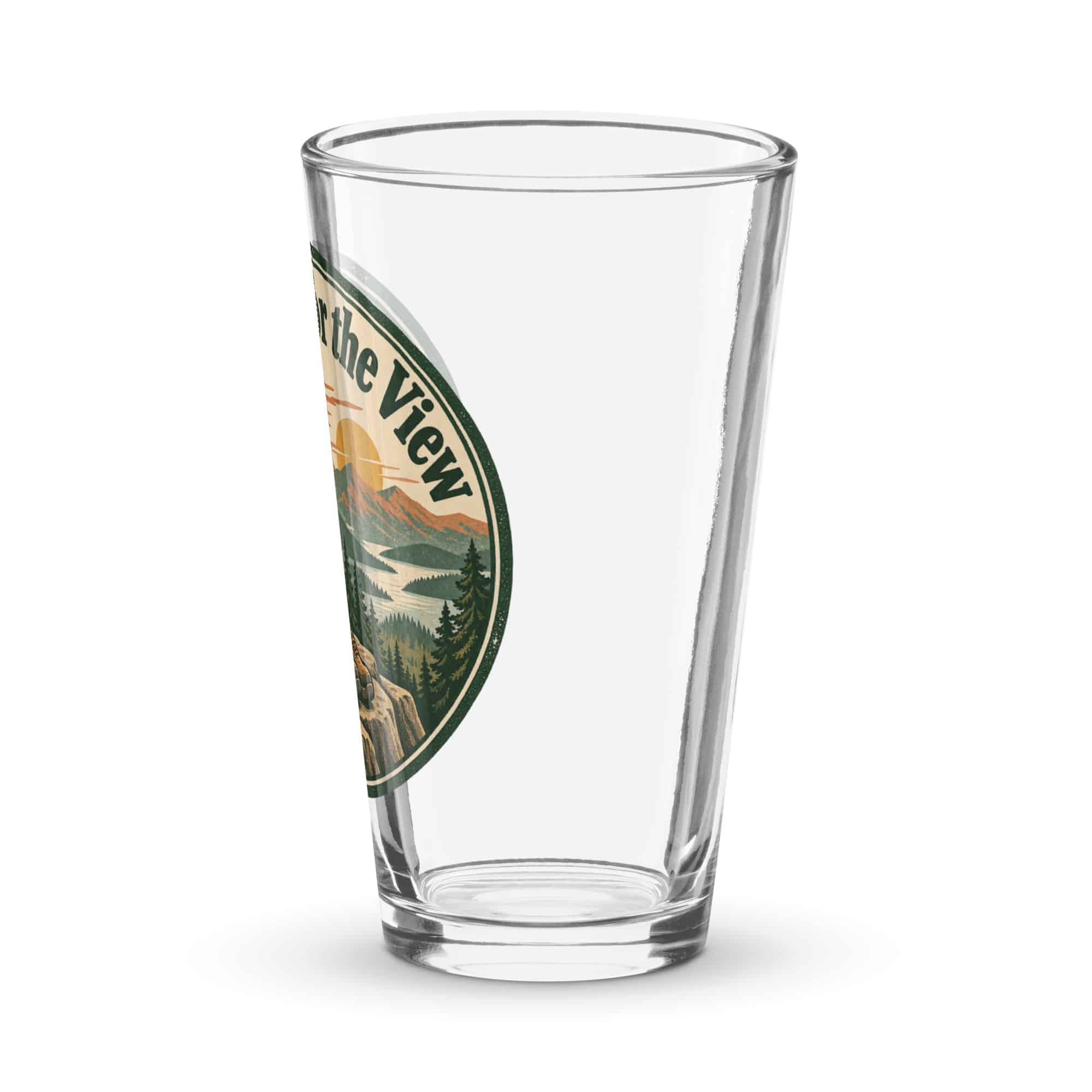 Nature and Adventure Pint Glass: I Packed for the View, Vintage Round Badge