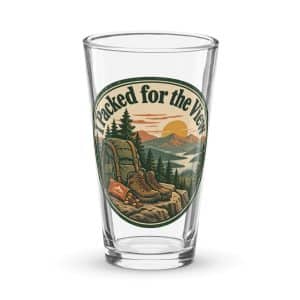 Nature and Adventure Pint Glass: I Packed for the View, Vintage Round Badge - 16 oz - Main