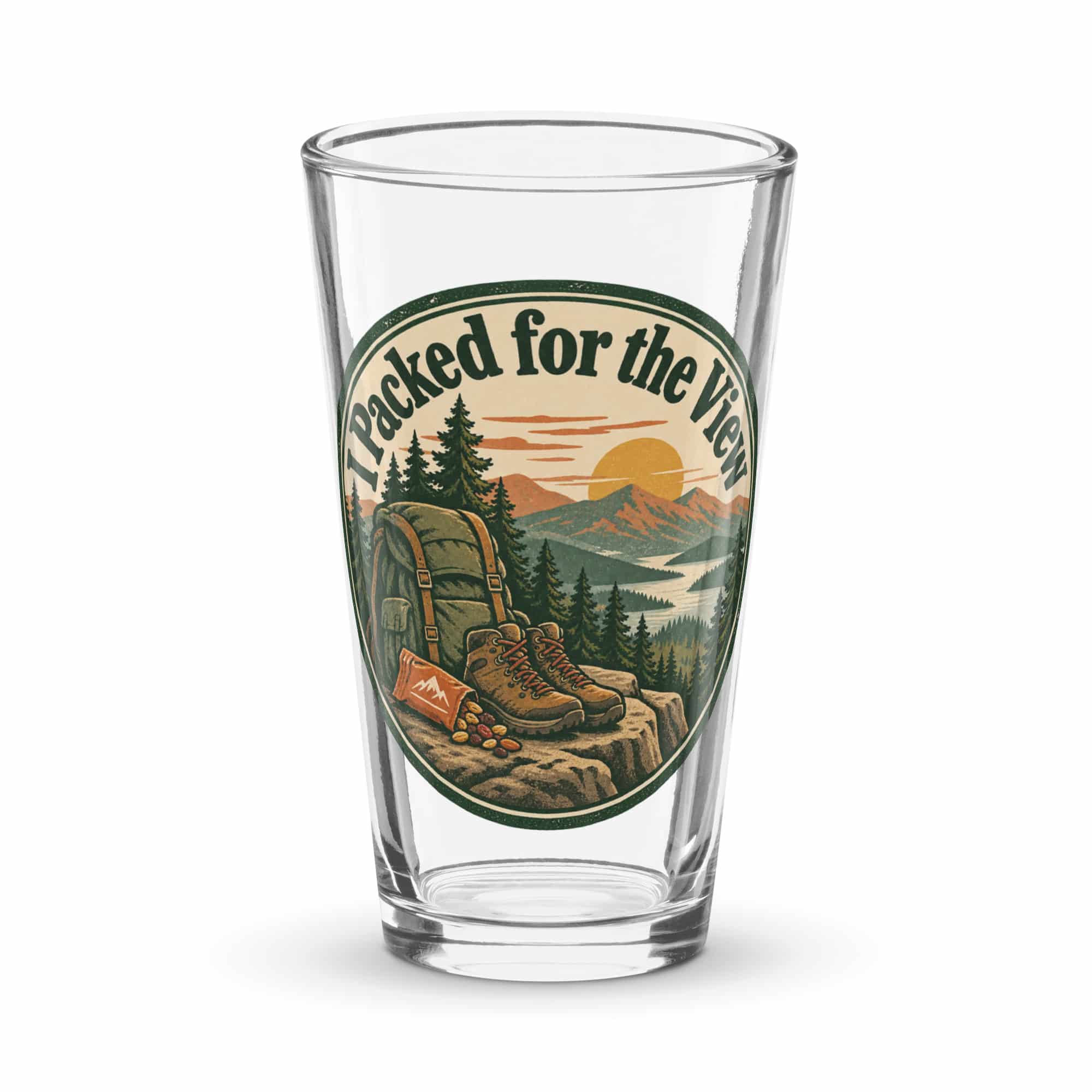Nature and Adventure Pint Glass: I Packed for the View, Vintage Round Badge