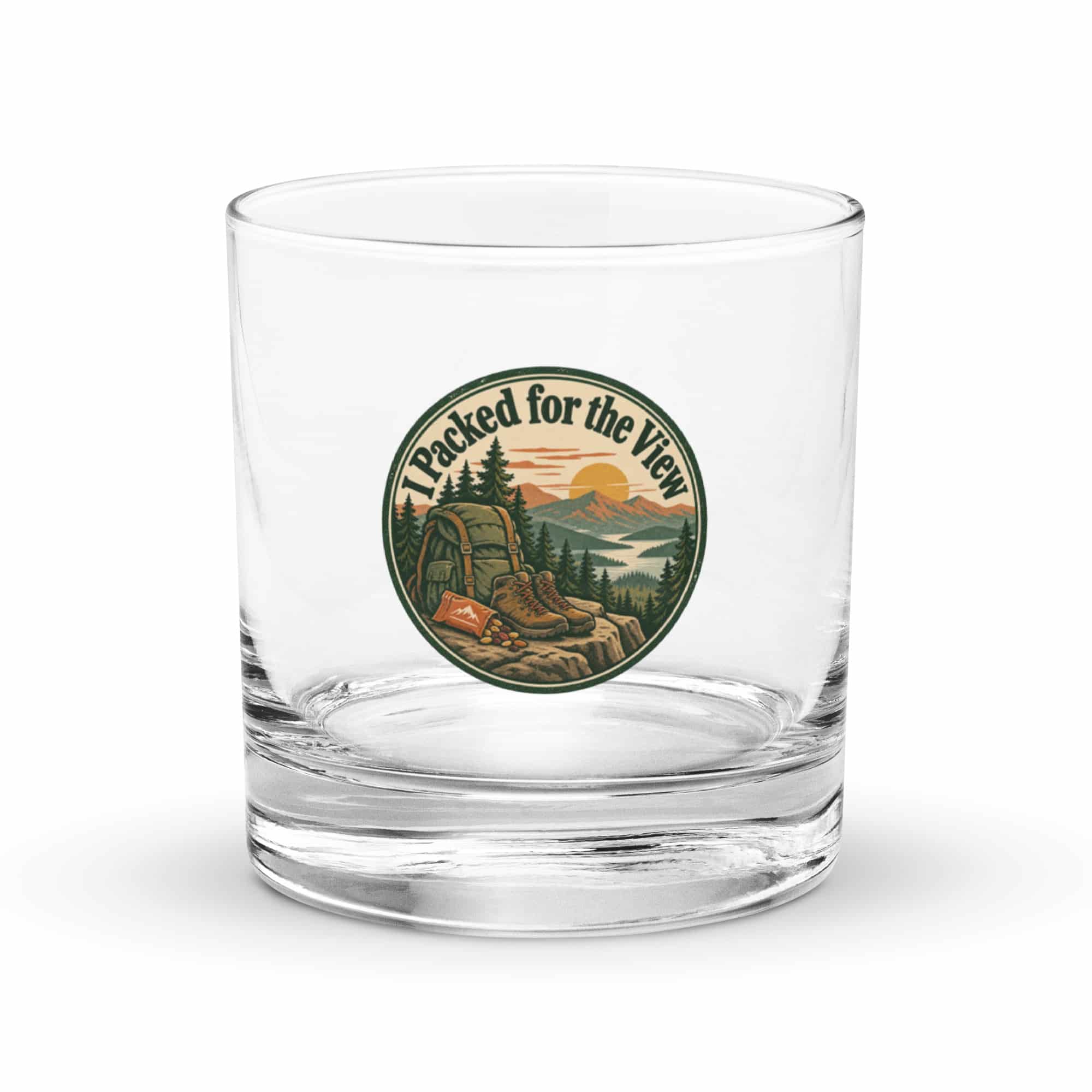 Nature and Adventure Rocks Glass: I Packed for the View, Vintage Round Badge