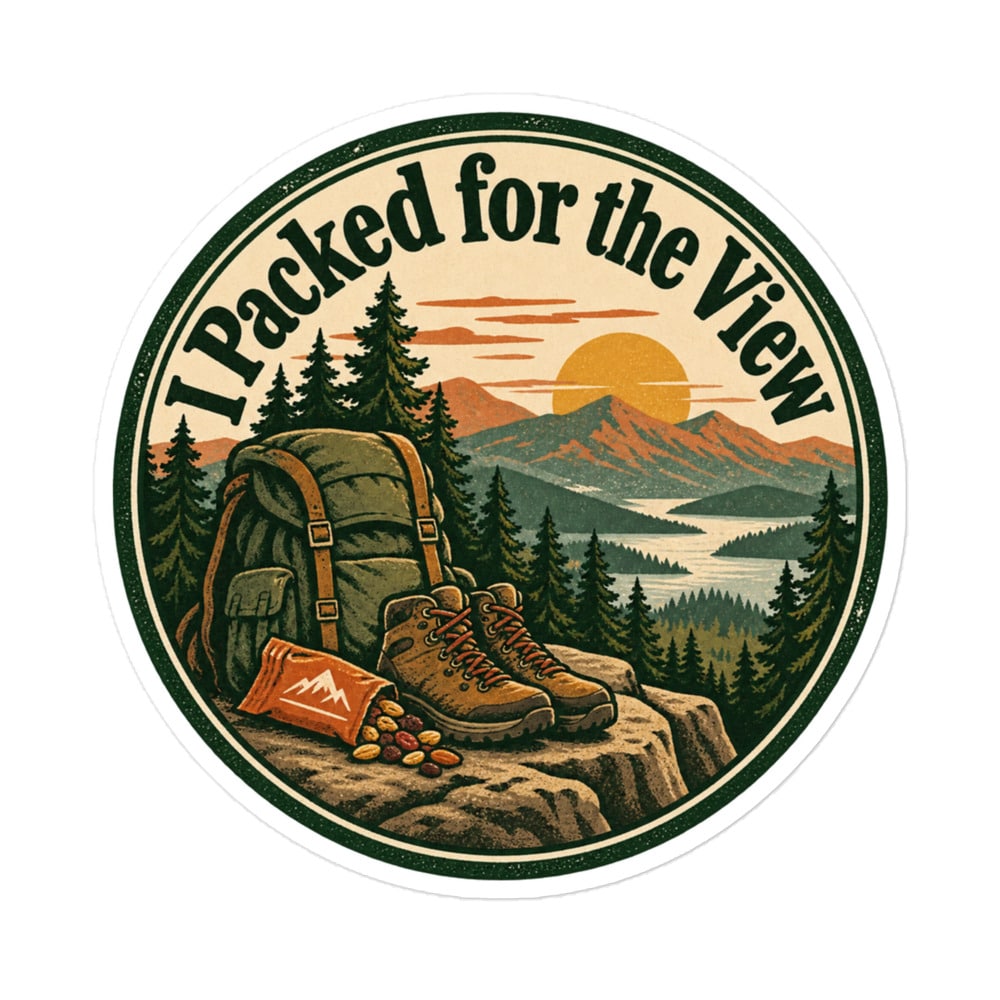 Nature and Adventure Vinyl Sticker: I Packed for the View, Vintage Round Badge