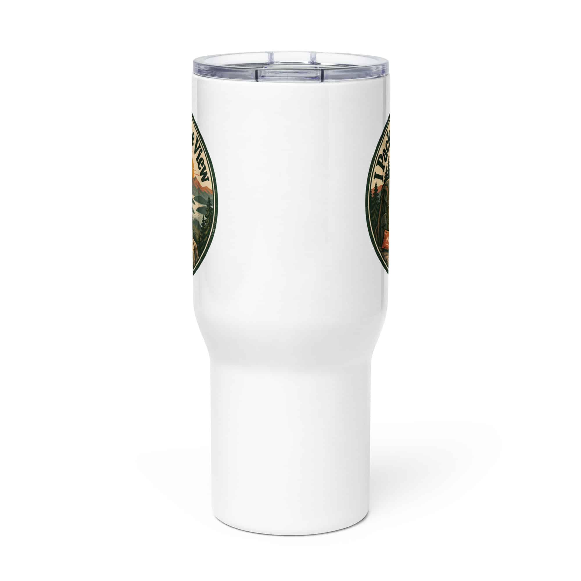 Nature and Adventure Travel Mug: I Packed for the View, Vintage Round Badge