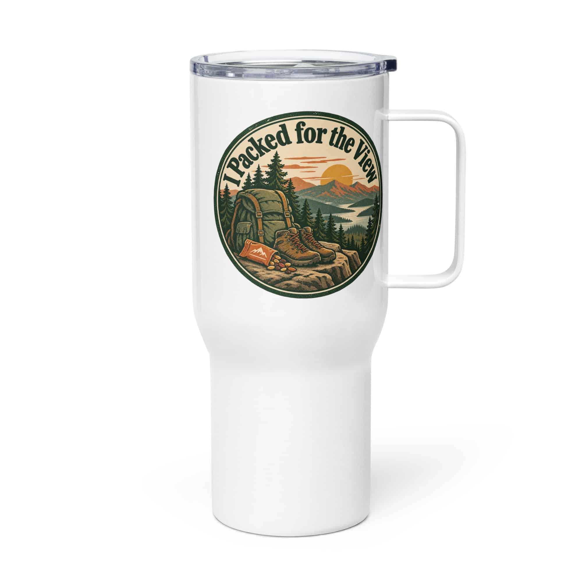 Nature and Adventure Travel Mug: I Packed for the View, Vintage Round Badge