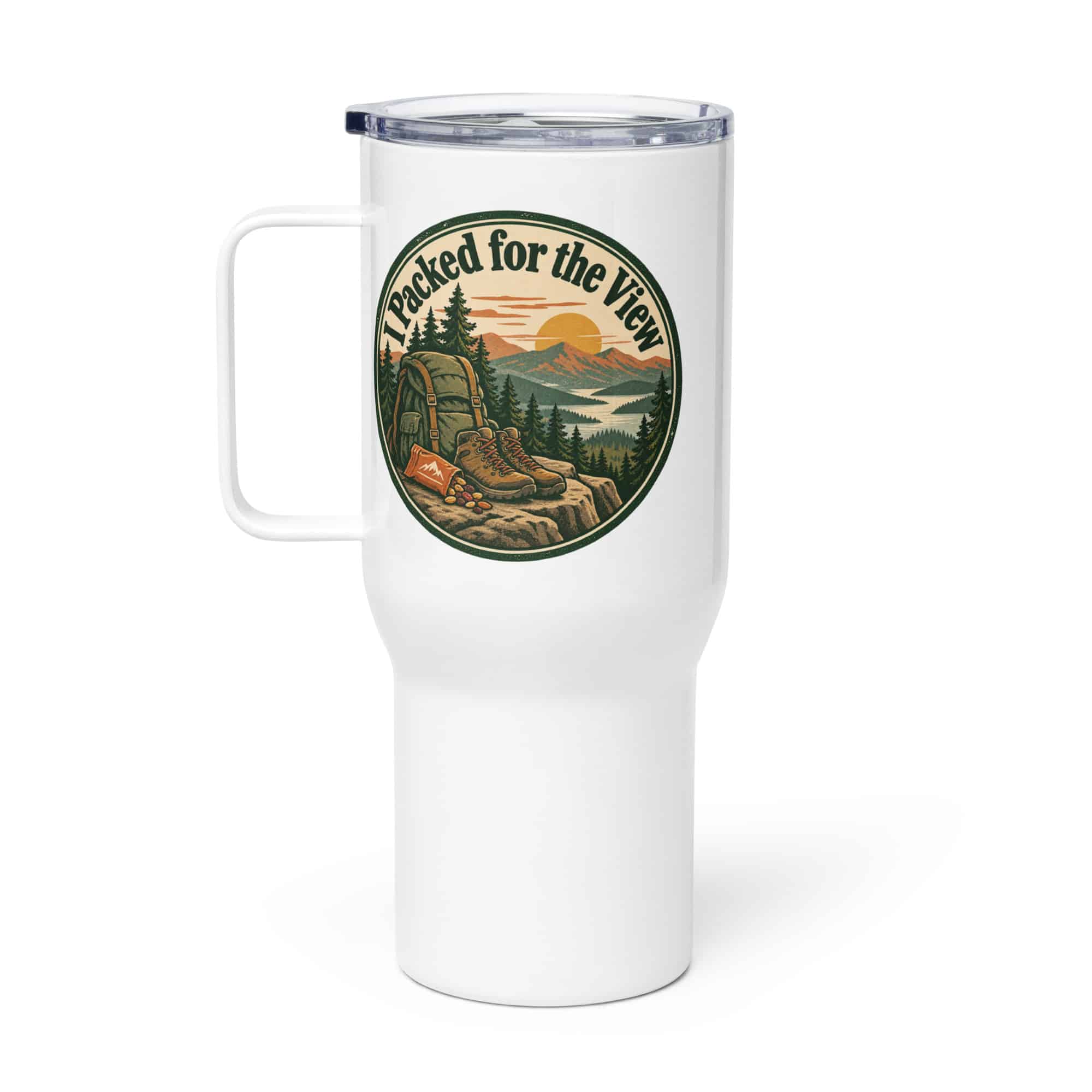 Nature and Adventure Travel Mug: I Packed for the View, Vintage Round Badge