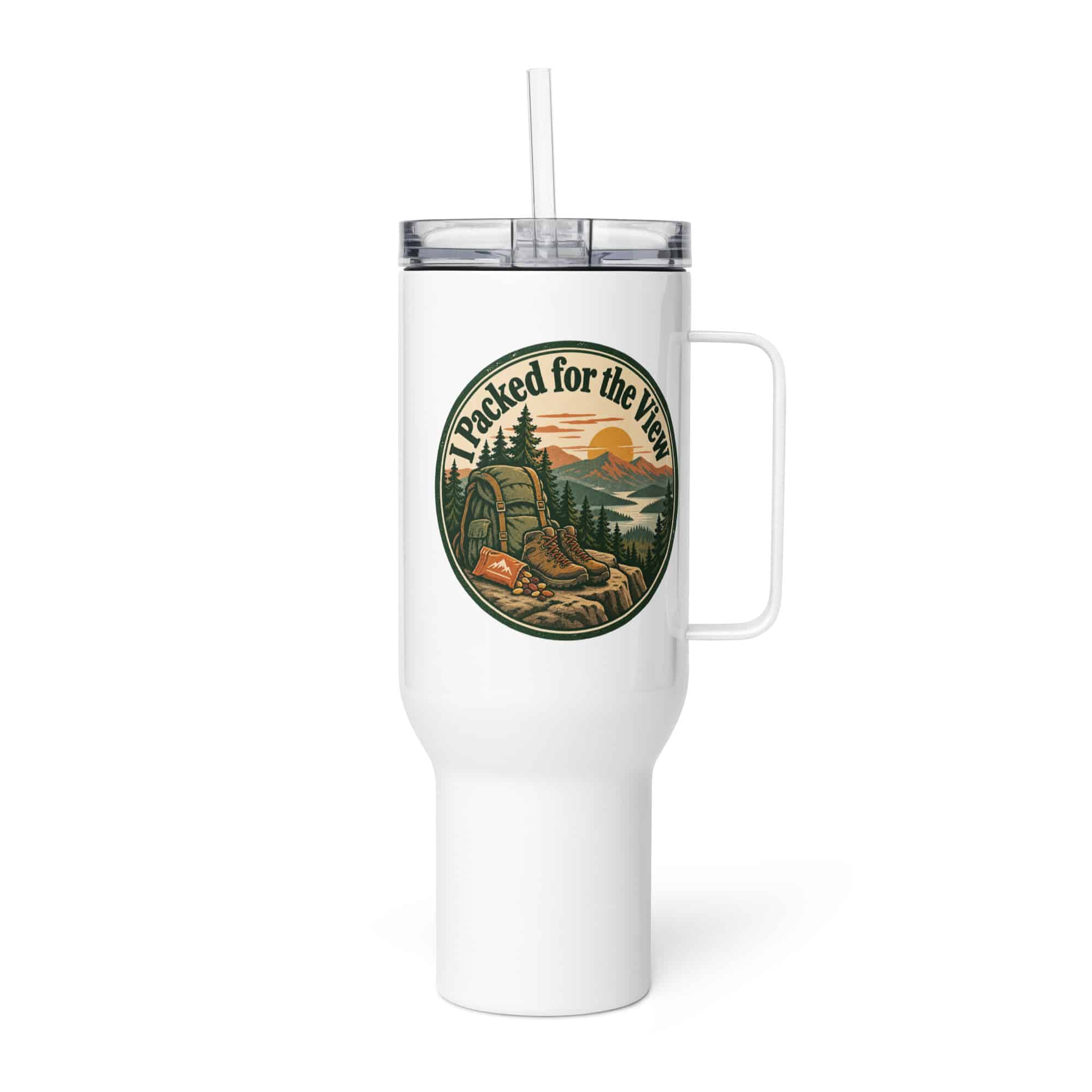 Nature and Adventure Travel Mug: I Packed for the View, Vintage Round Badge