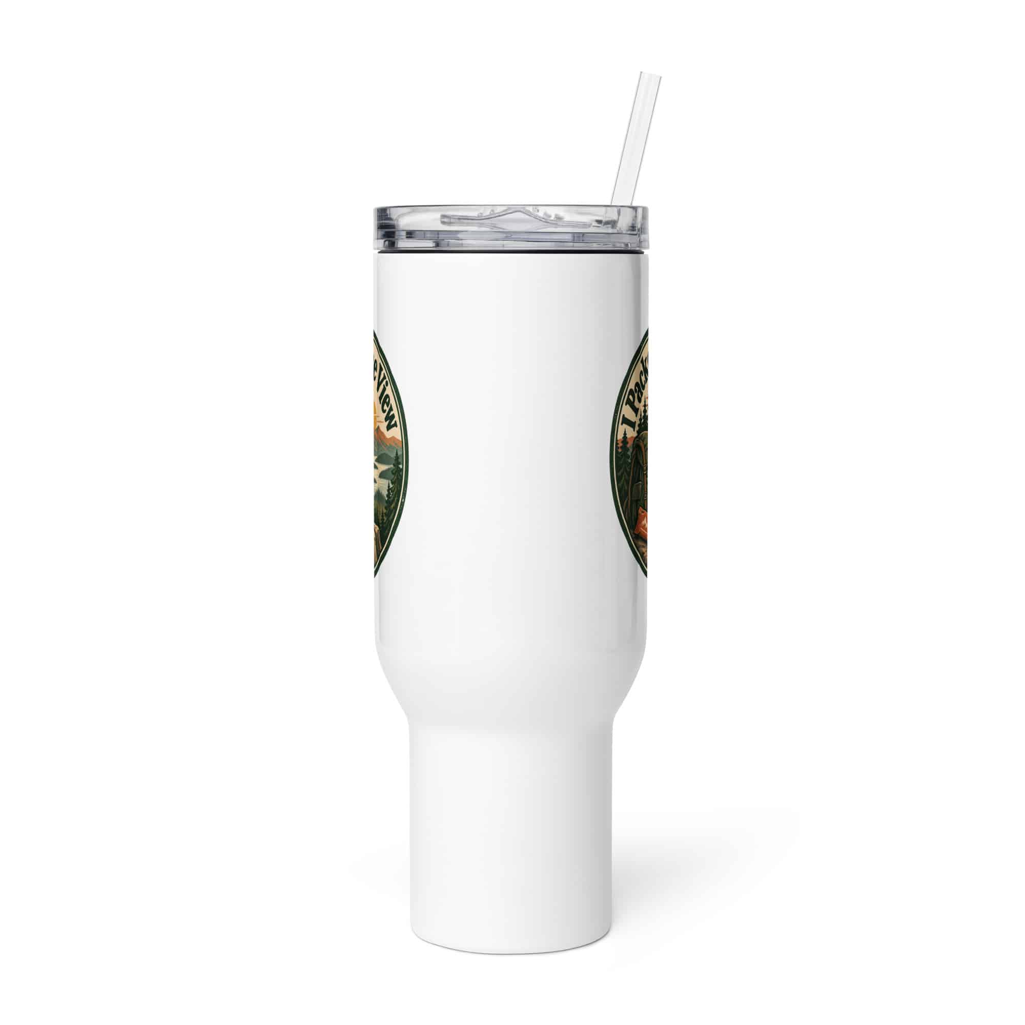 Nature and Adventure Travel Mug: I Packed for the View, Vintage Round Badge