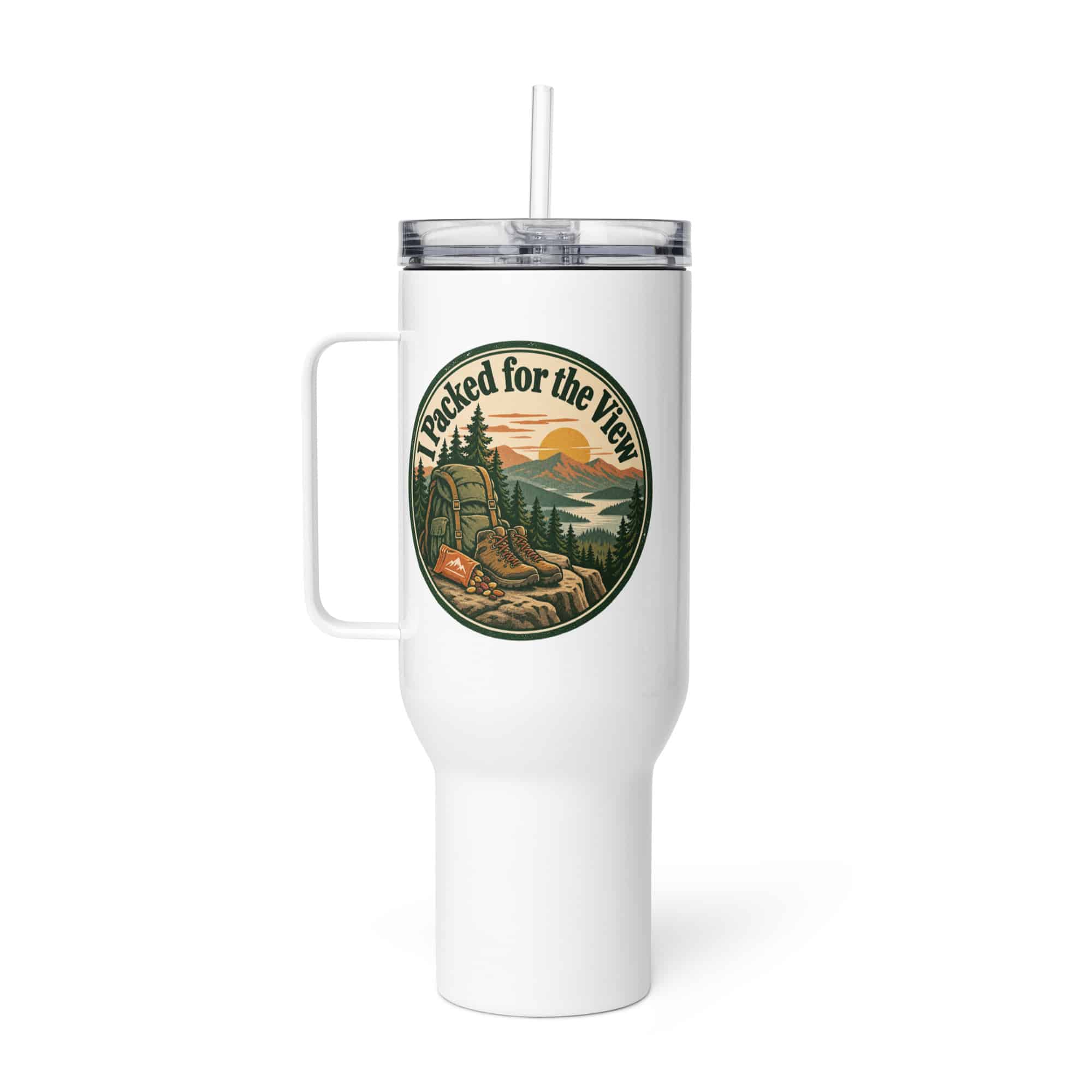 Nature and Adventure Travel Mug: I Packed for the View, Vintage Round Badge