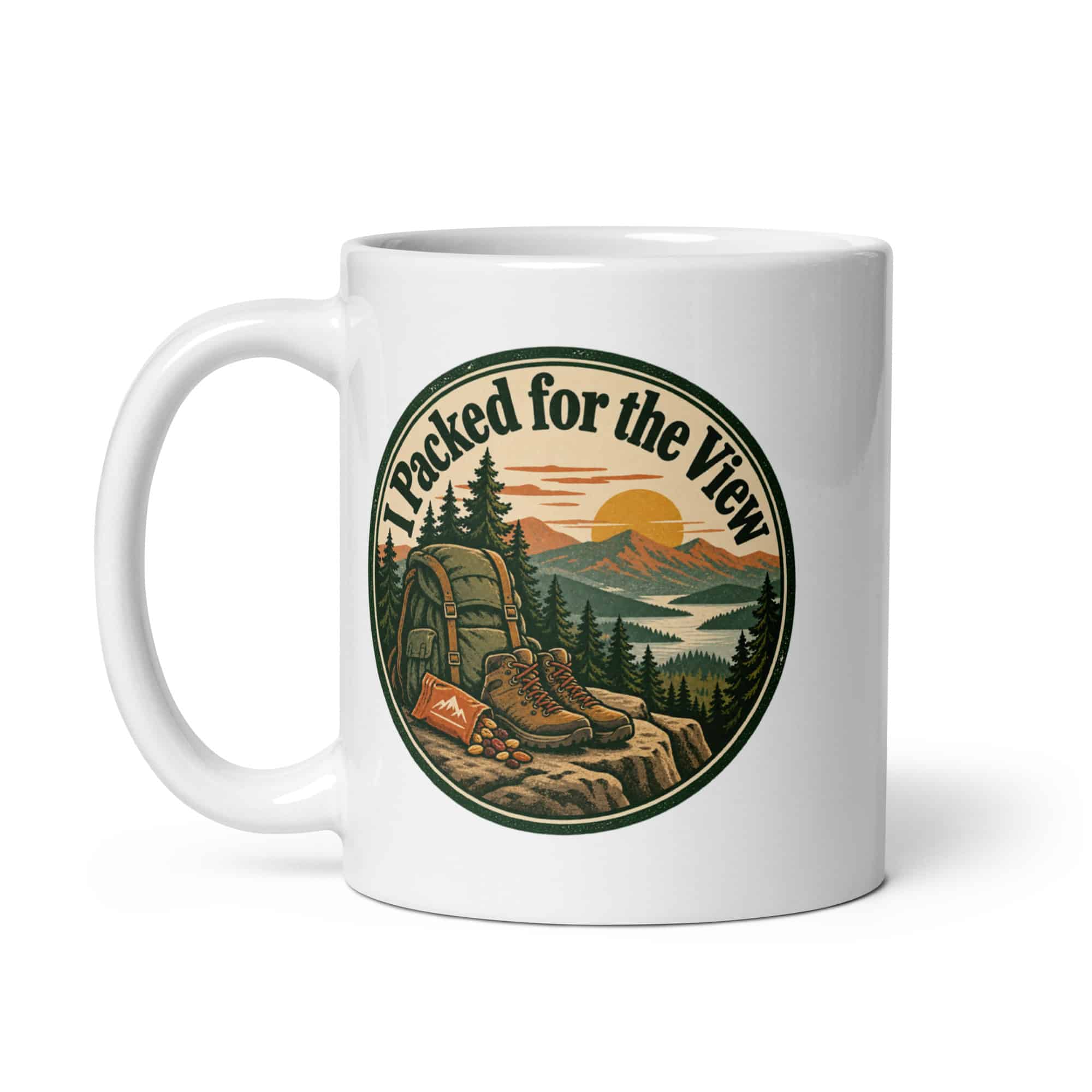 Nature and Adventure White Ceramic Coffee Mug: I Packed for the View, Vintage Round Badge