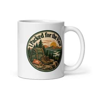 Nature and Adventure White Ceramic Coffee Mug: I Packed for the View, Vintage Round Badge - 11 oz - Main