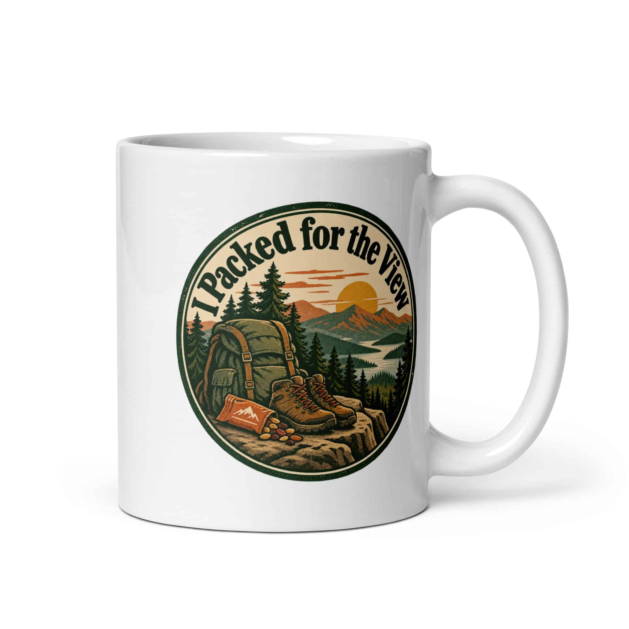 Nature and Adventure White Ceramic Coffee Mug: I Packed for the View, Vintage Round Badge