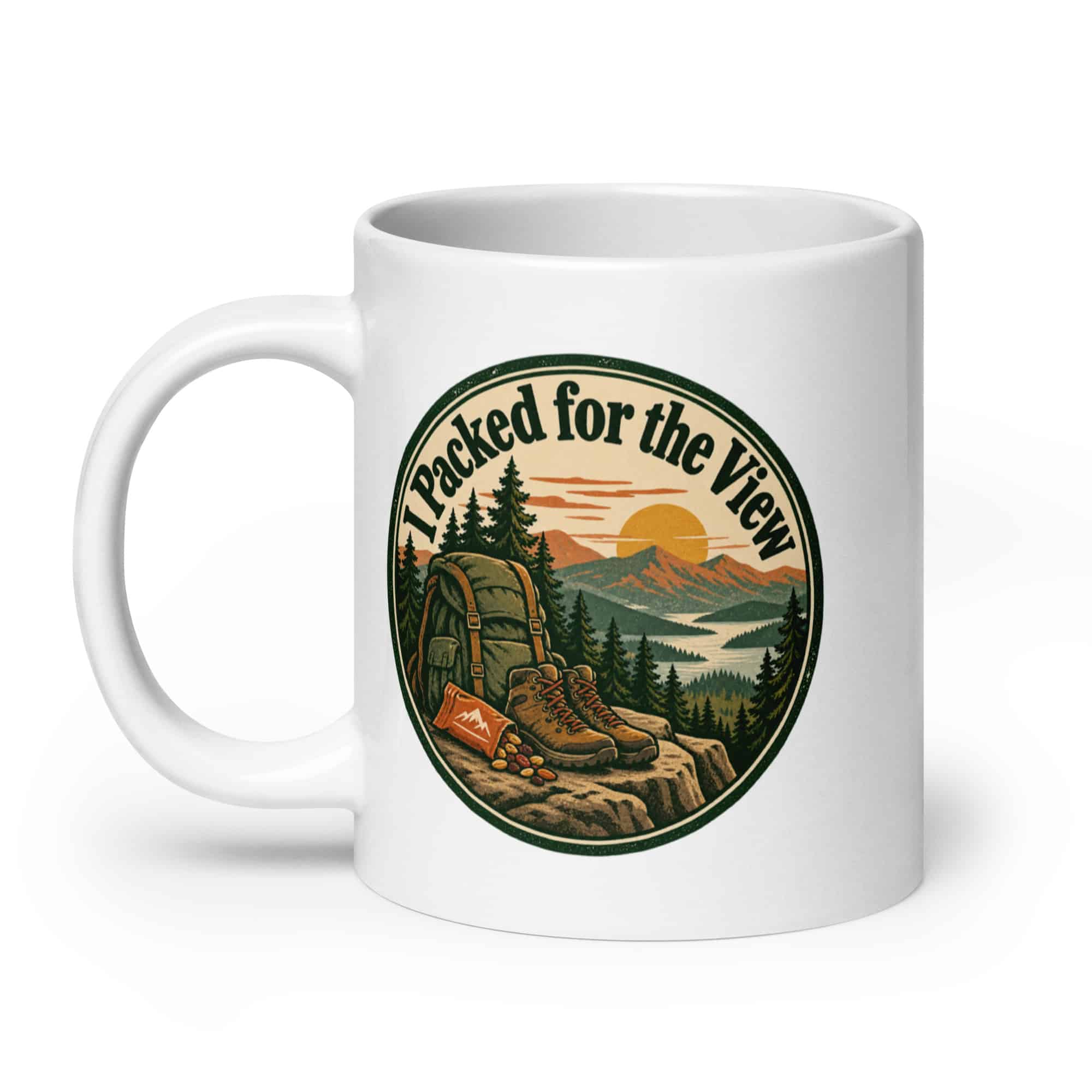 Nature and Adventure White Ceramic Coffee Mug: I Packed for the View, Vintage Round Badge