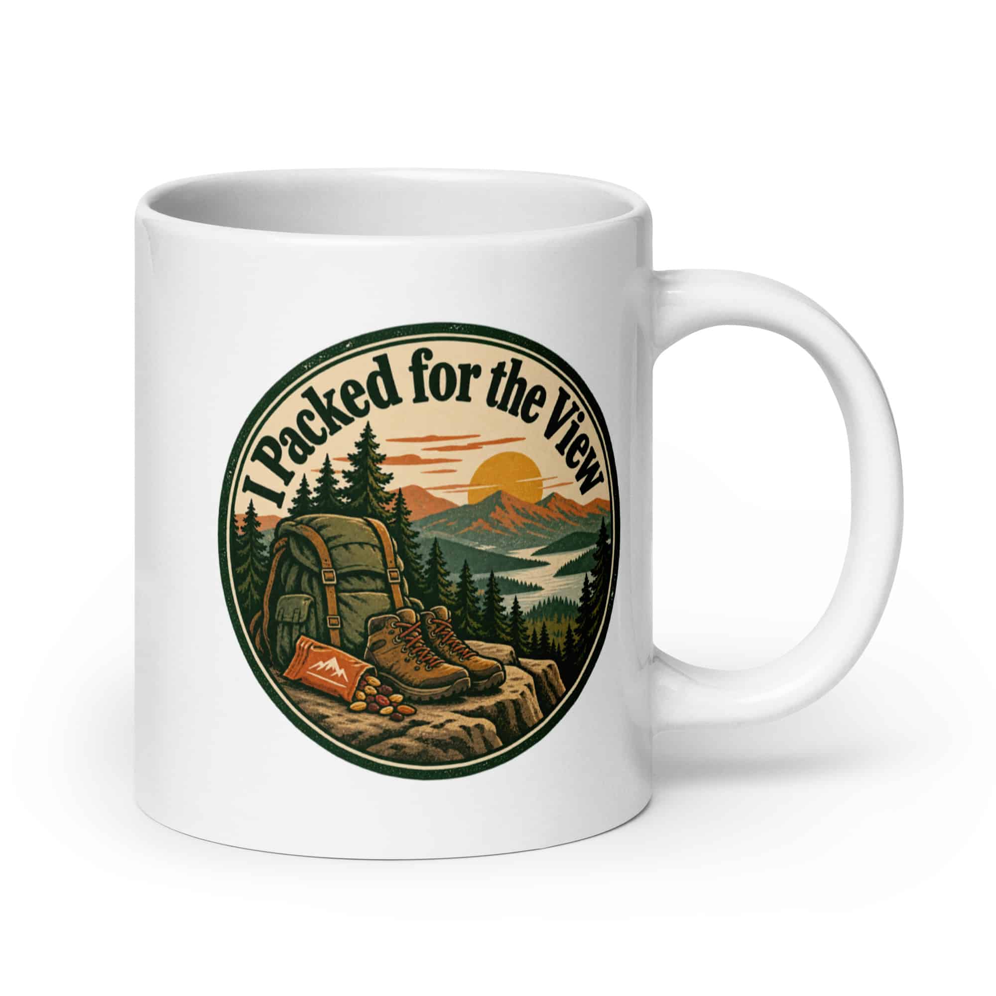 Nature and Adventure White Ceramic Coffee Mug: I Packed for the View, Vintage Round Badge
