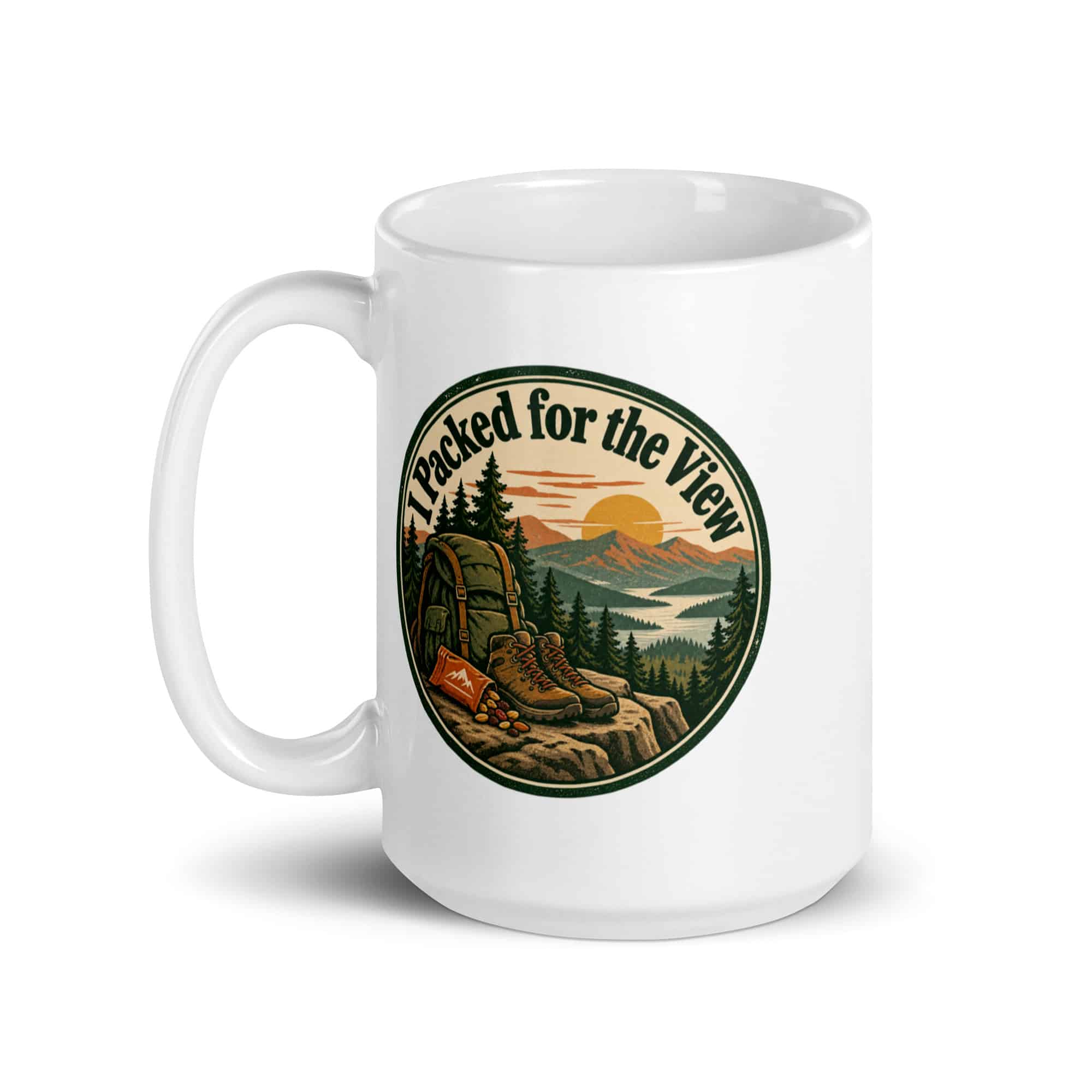 Nature and Adventure White Ceramic Coffee Mug: I Packed for the View, Vintage Round Badge