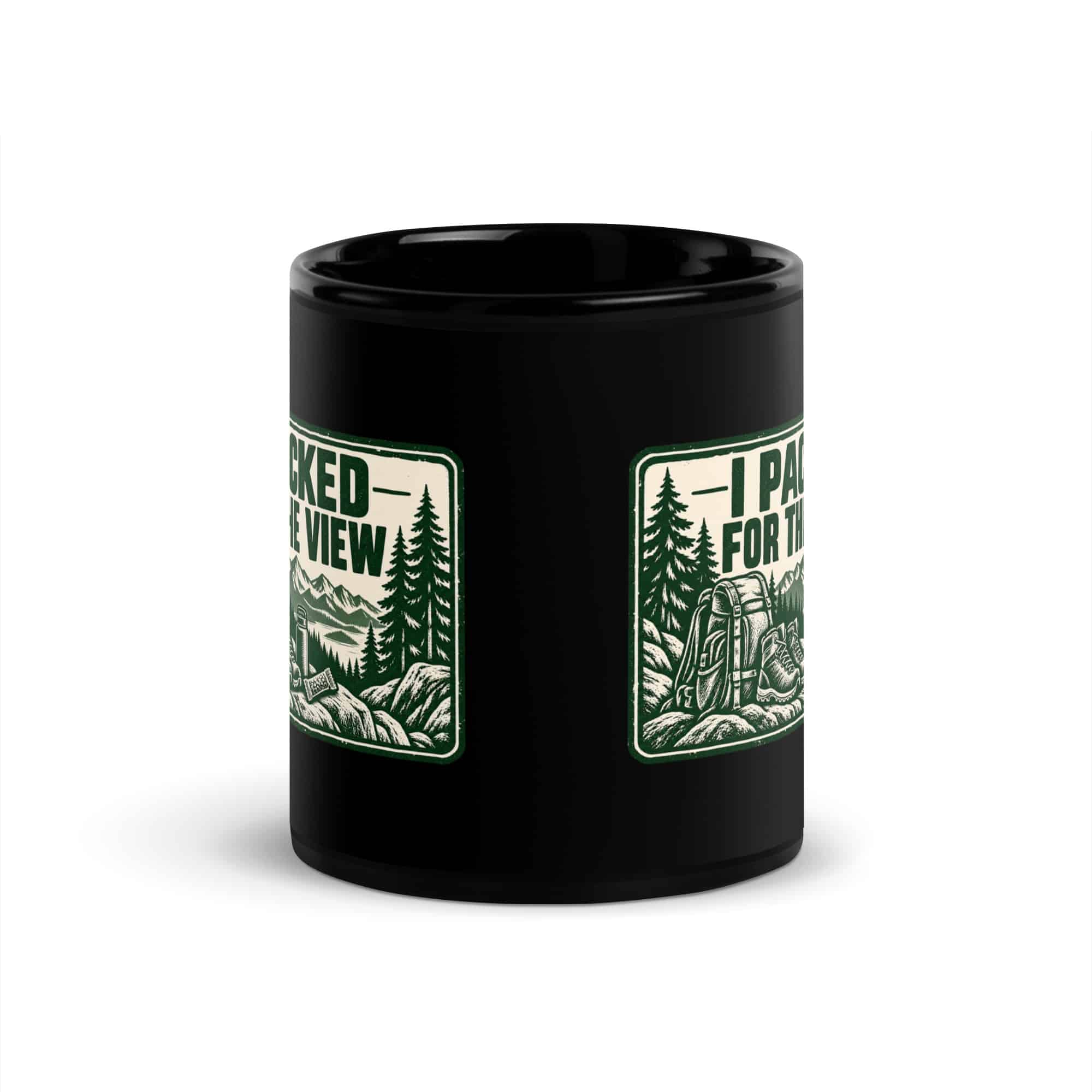 Nature and Adventure Black Coffee Mug: I Packed for the View, Forest Ink Stamp