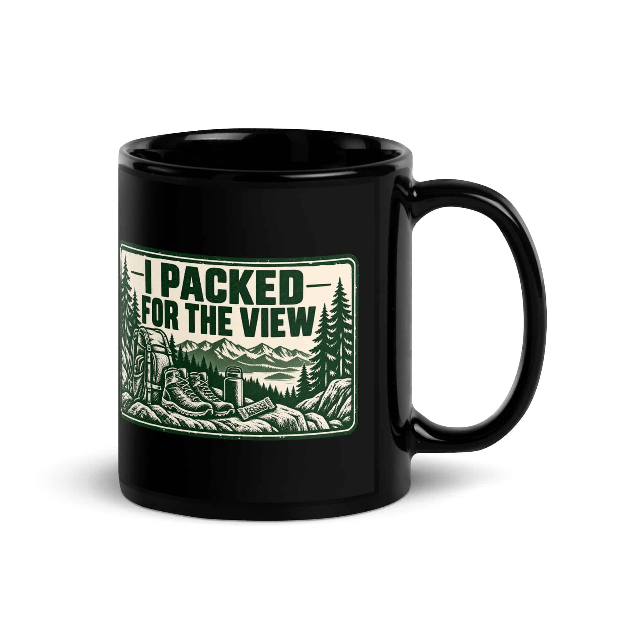 Nature and Adventure Black Coffee Mug: I Packed for the View, Forest Ink Stamp