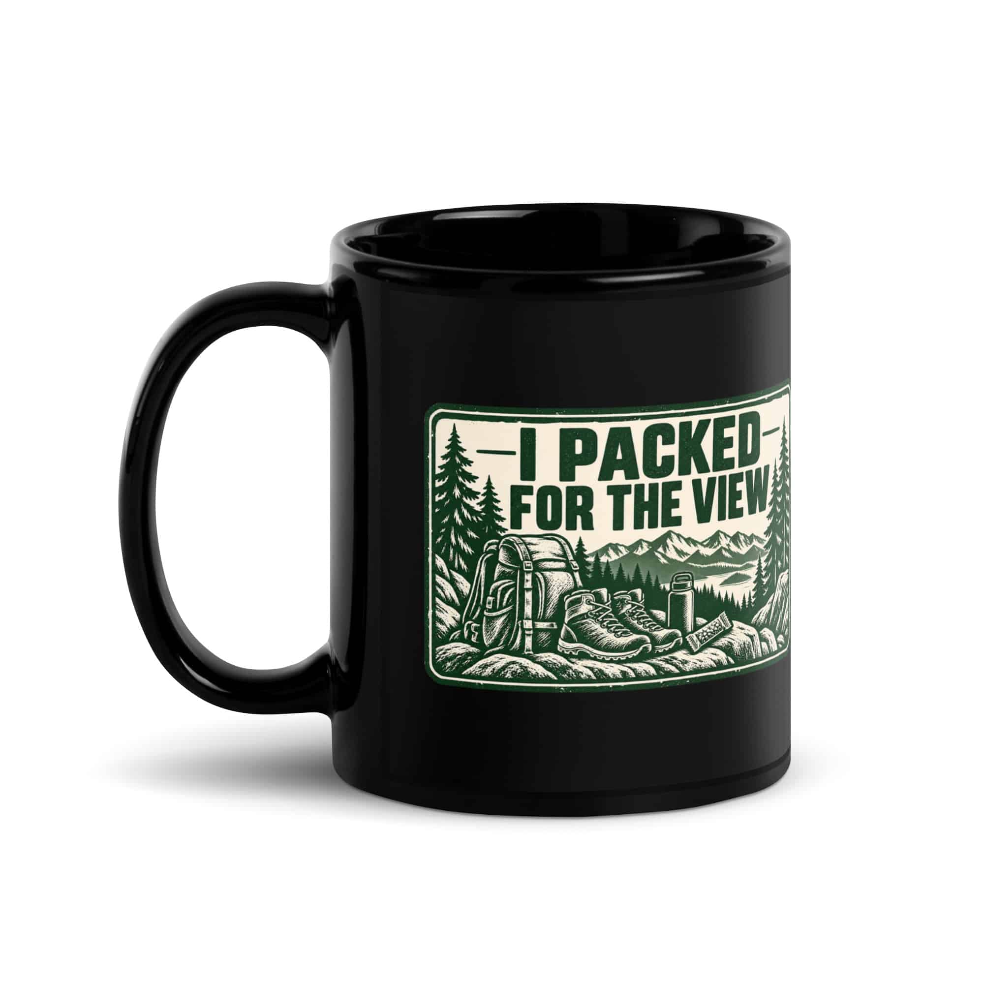 Nature and Adventure Black Coffee Mug: I Packed for the View, Forest Ink Stamp