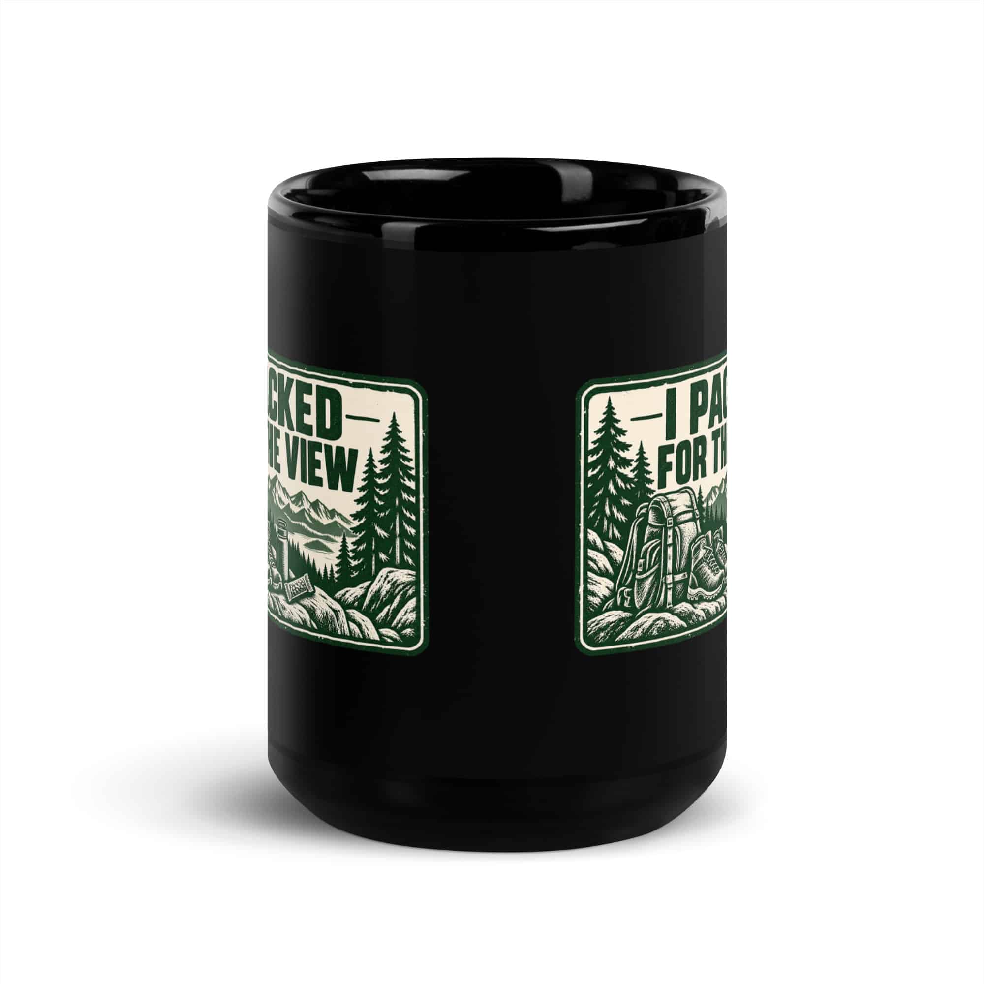 Nature and Adventure Black Coffee Mug: I Packed for the View, Forest Ink Stamp