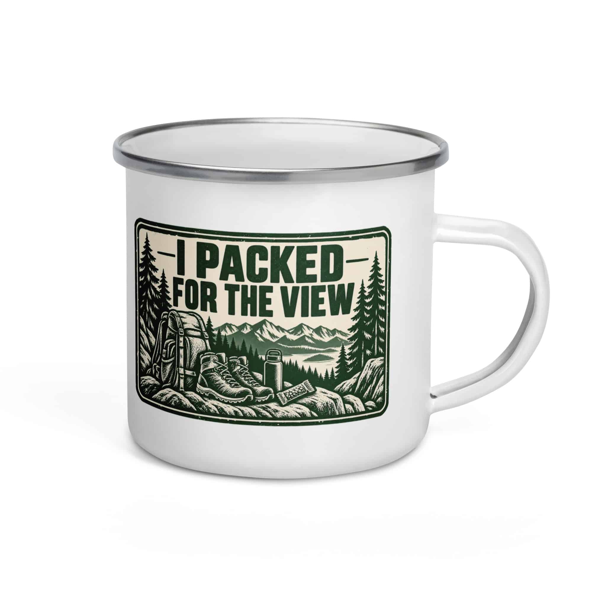 Nature and Adventure Enamel Camp Mug: I Packed for the View, Forest Ink Stamp