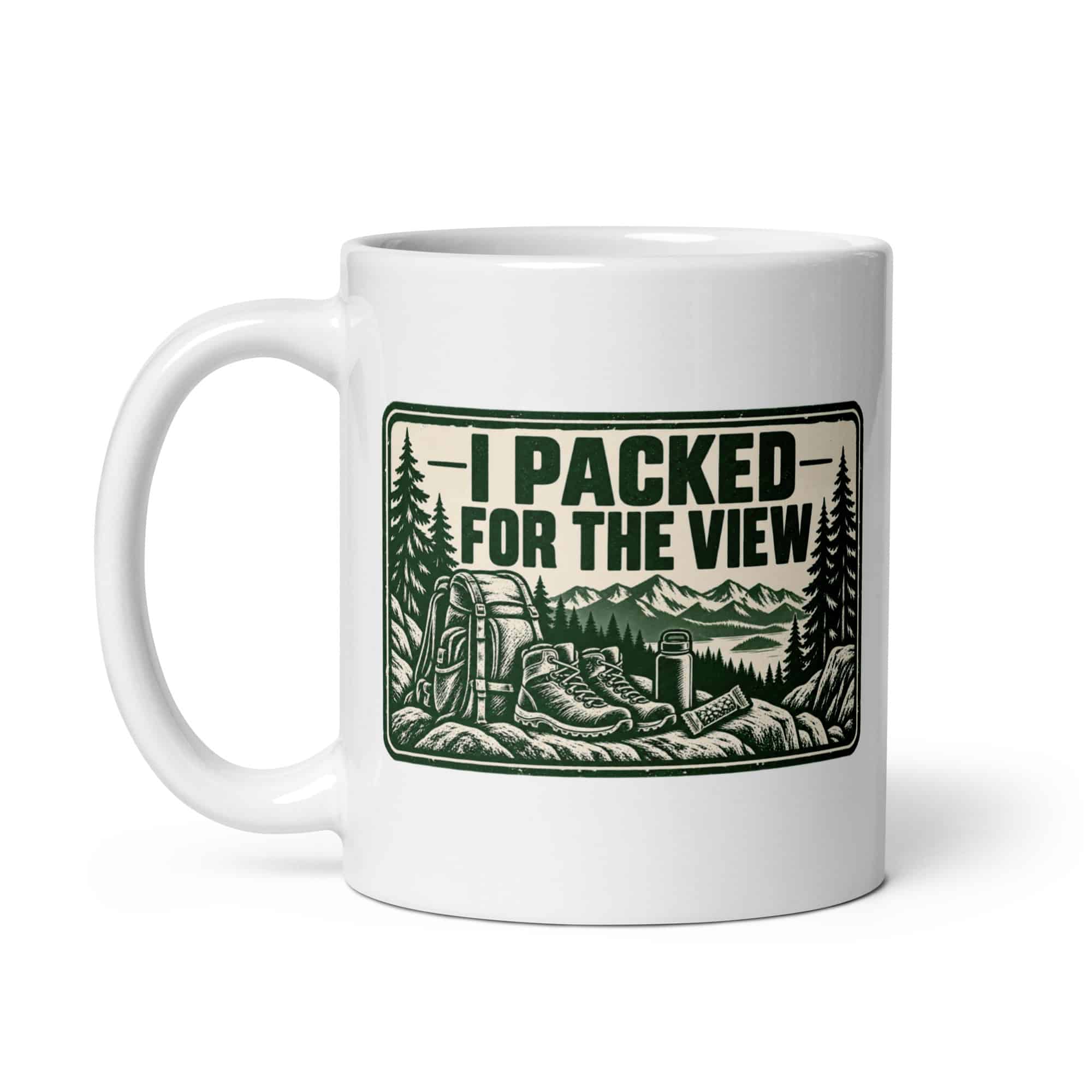 Nature and Adventure White Ceramic Coffee Mug: I Packed for the View, Forest Ink Stamp
