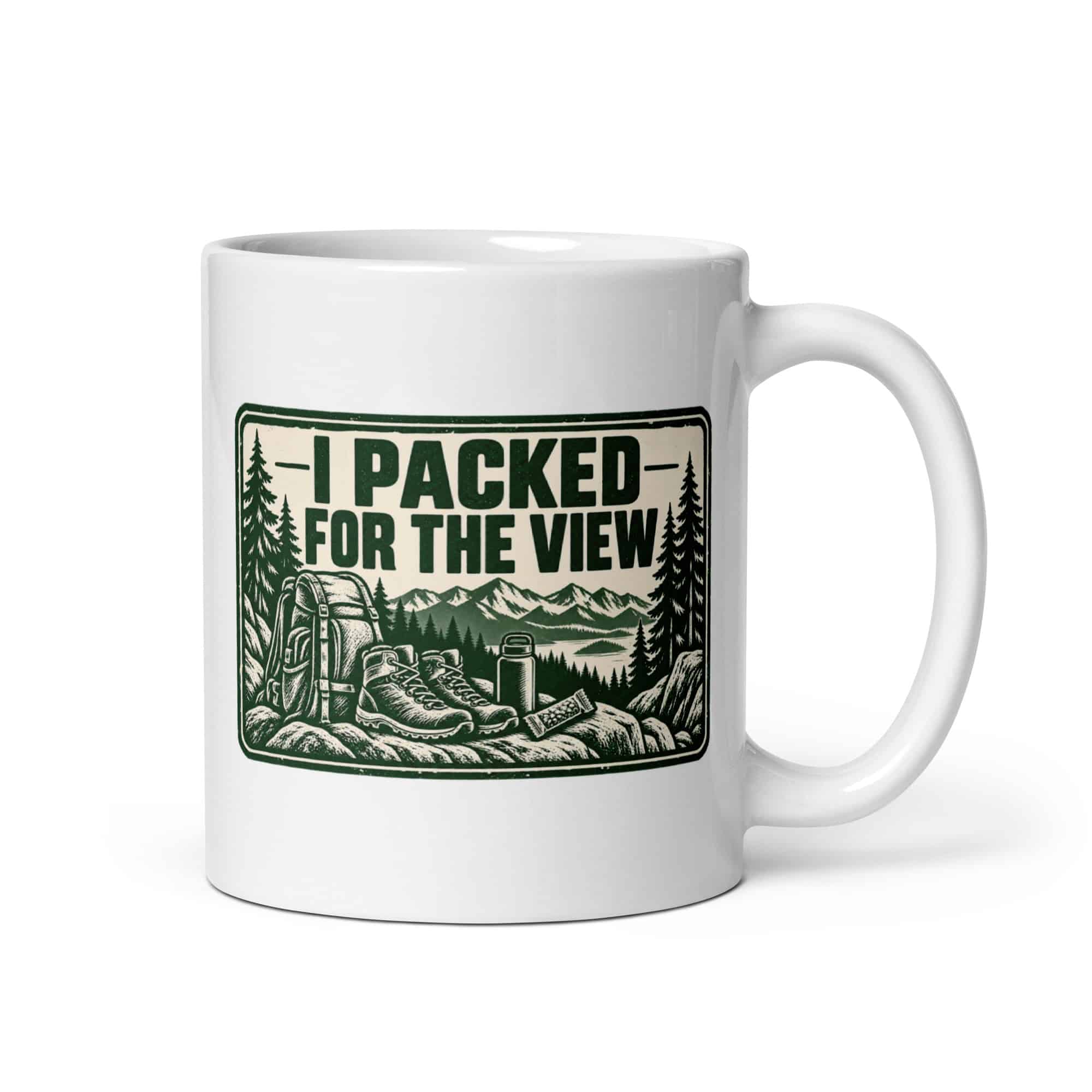 Nature and Adventure White Ceramic Coffee Mug: I Packed for the View, Forest Ink Stamp