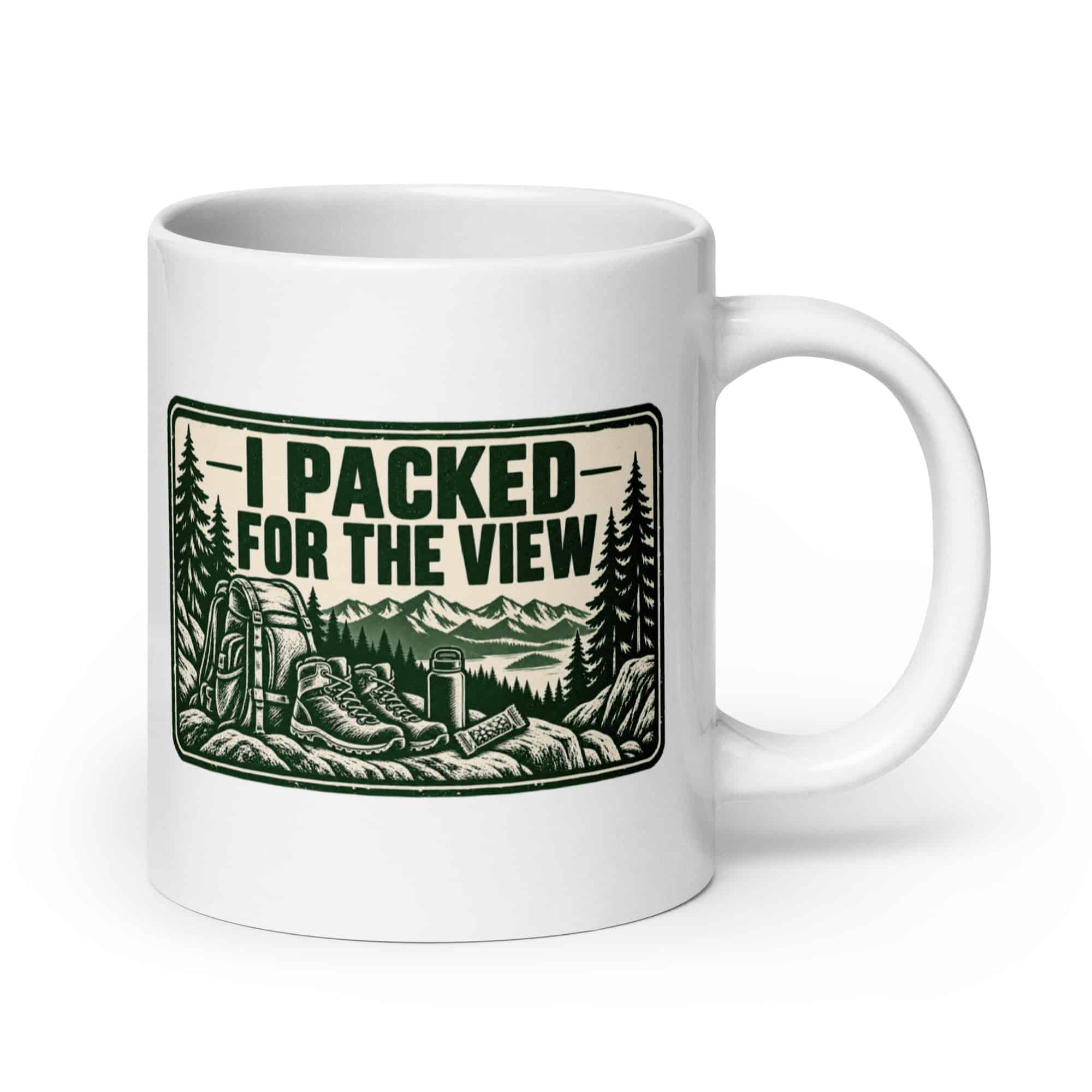Nature and Adventure White Ceramic Coffee Mug: I Packed for the View, Forest Ink Stamp