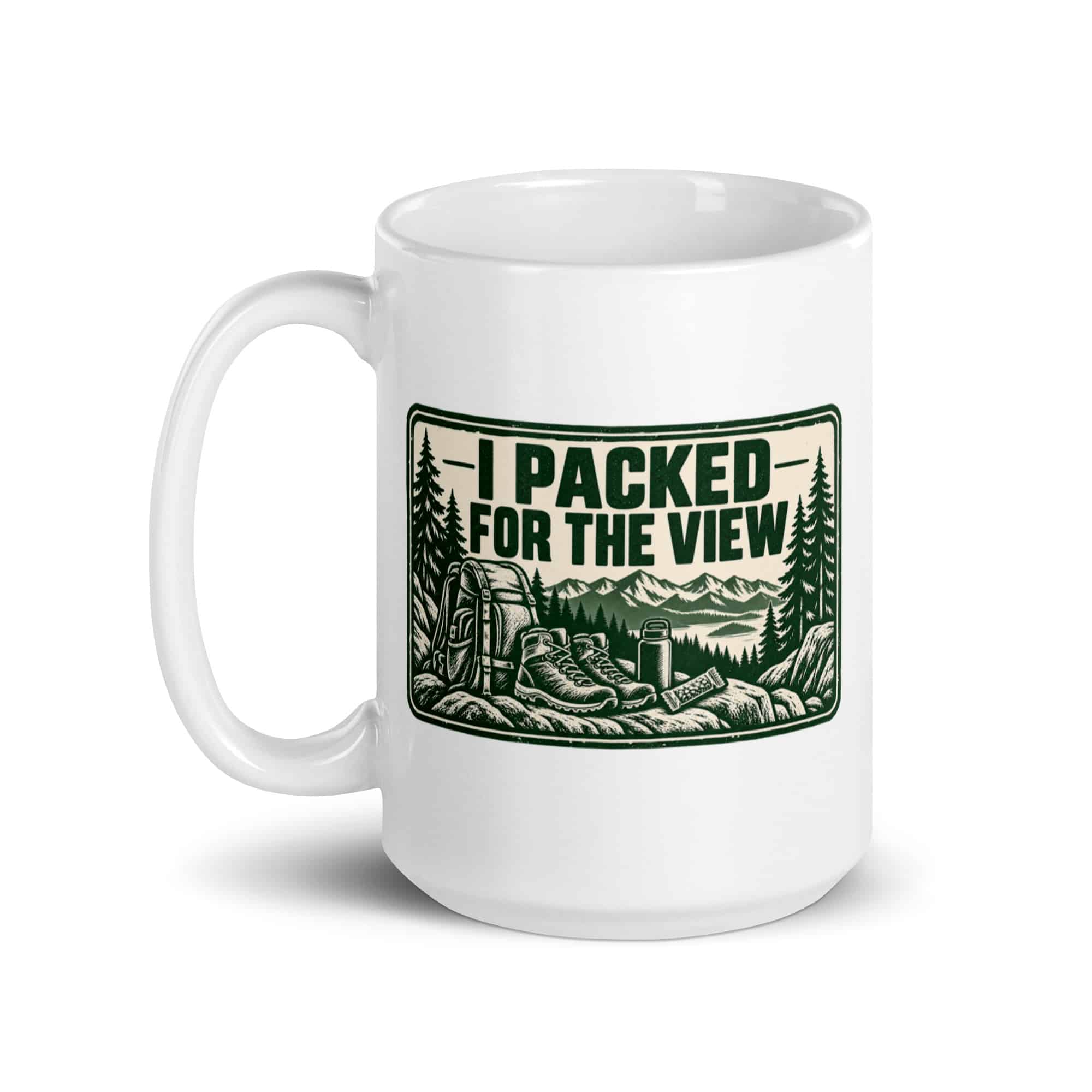 Nature and Adventure White Ceramic Coffee Mug: I Packed for the View, Forest Ink Stamp