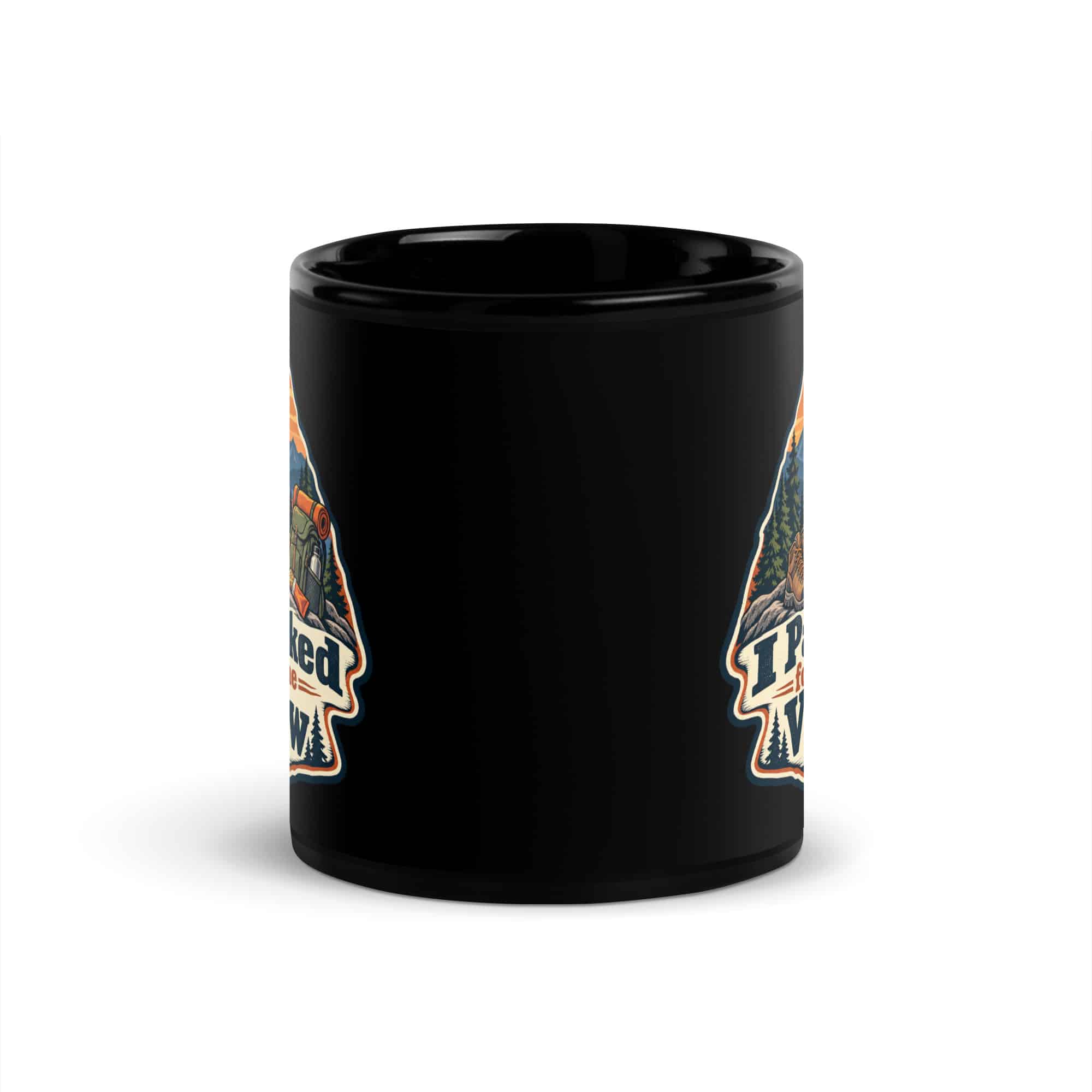 Nature and Adventure Black Coffee Mug: I Packed for the View, Scenic Shield Badge