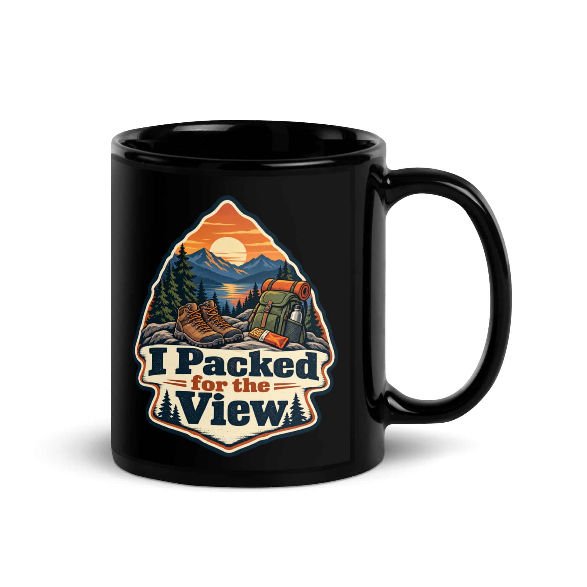 Nature and Adventure Black Coffee Mug: I Packed for the View, Scenic Shield Badge
