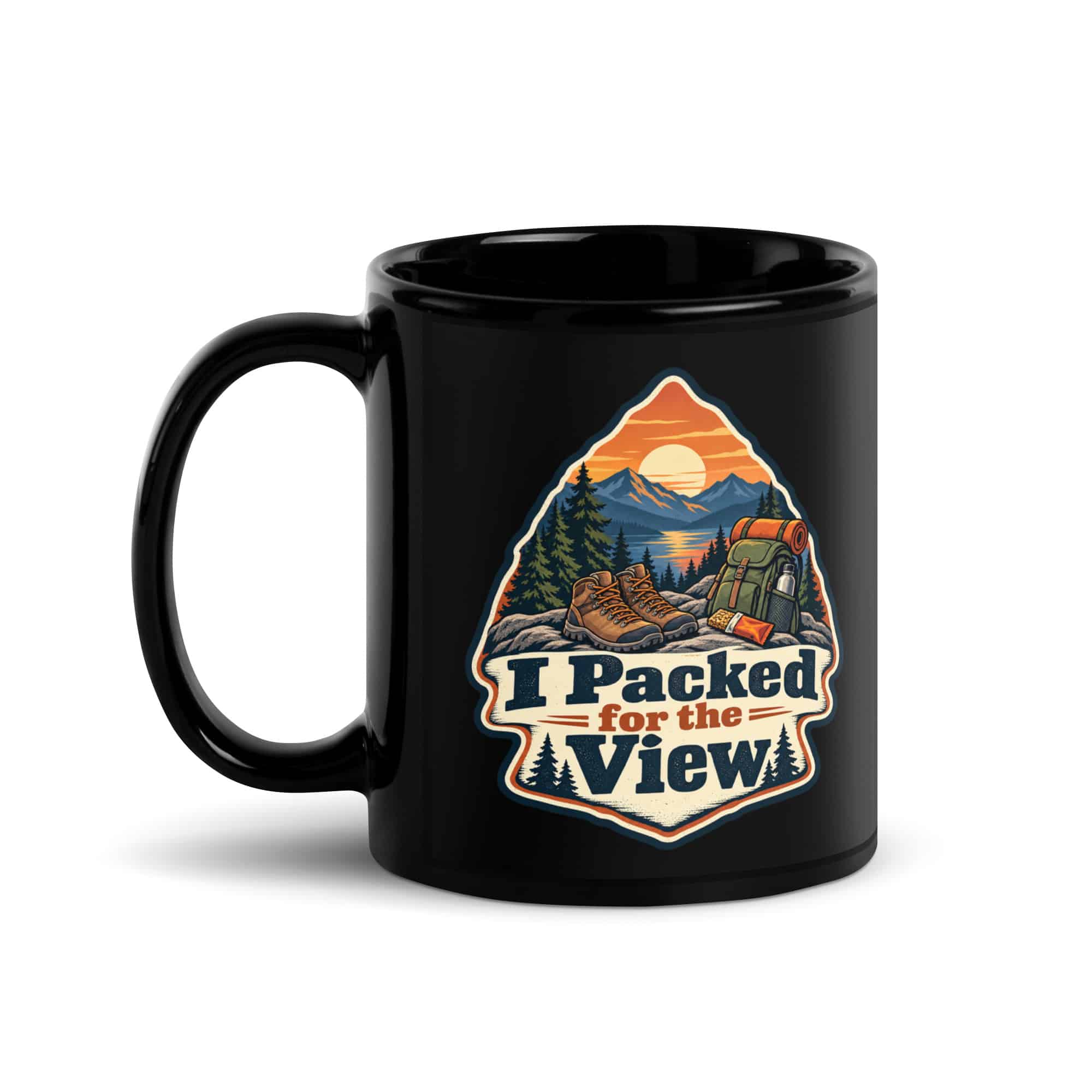 Nature and Adventure Black Coffee Mug: I Packed for the View, Scenic Shield Badge