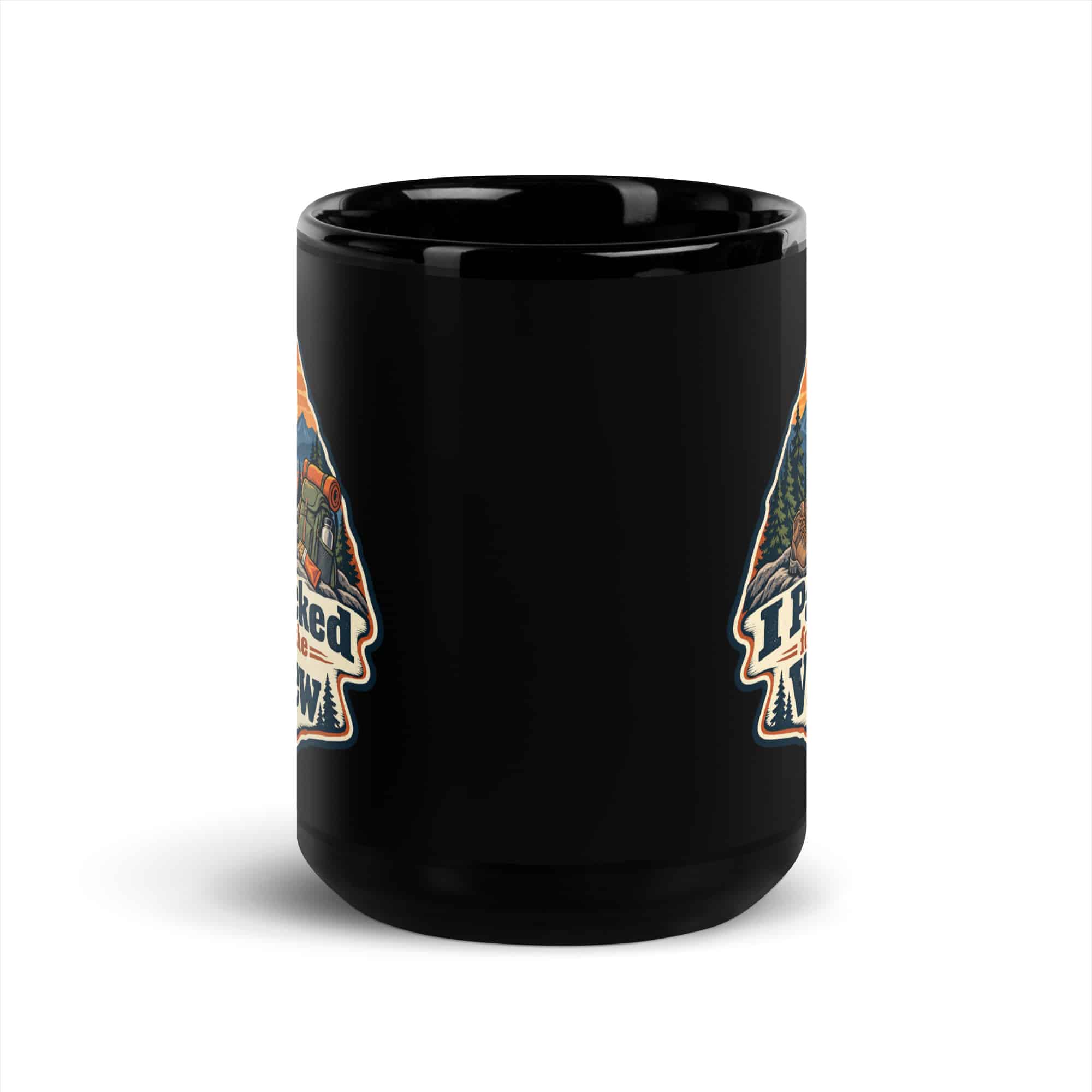 Nature and Adventure Black Coffee Mug: I Packed for the View, Scenic Shield Badge