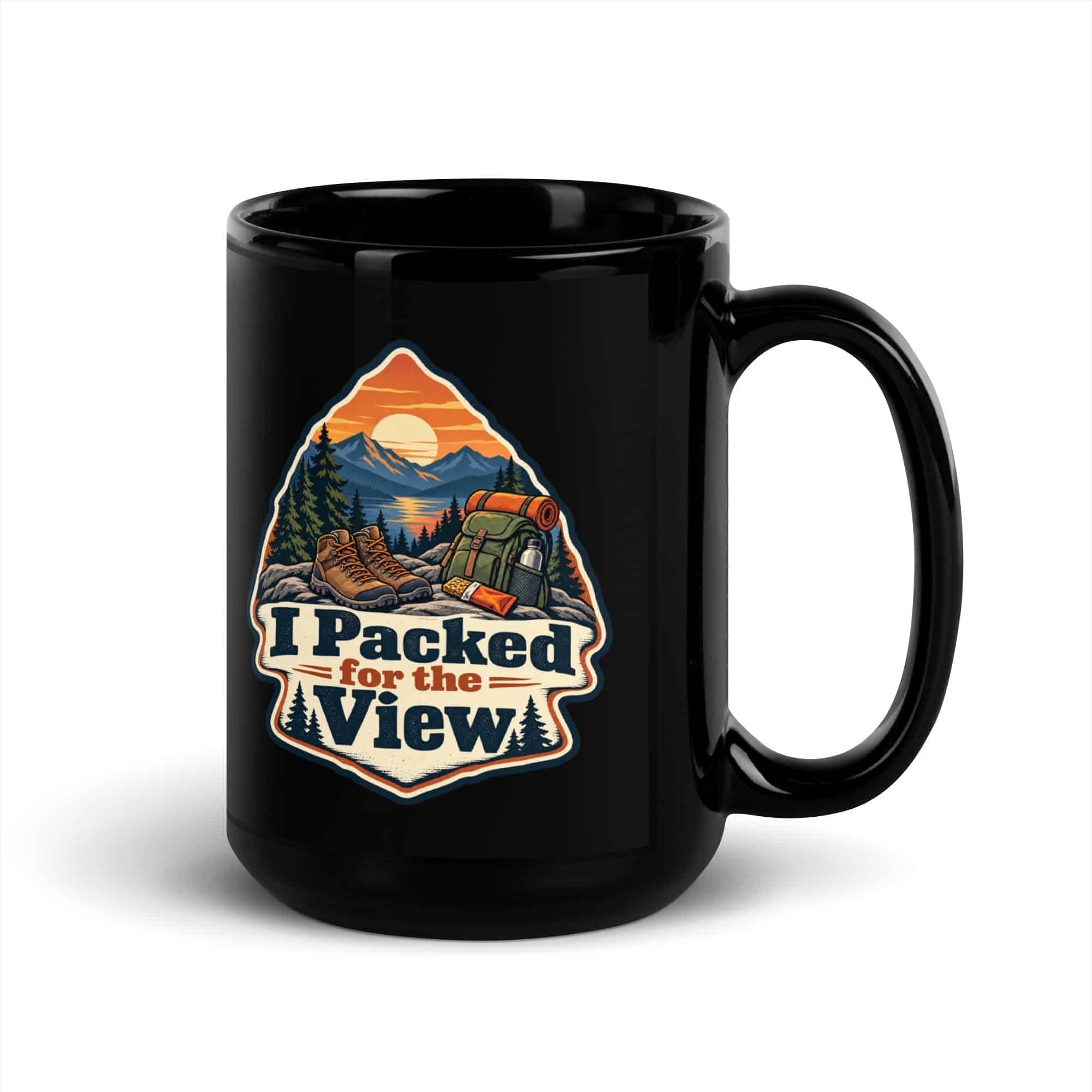Nature and Adventure Black Coffee Mug: I Packed for the View, Scenic Shield Badge