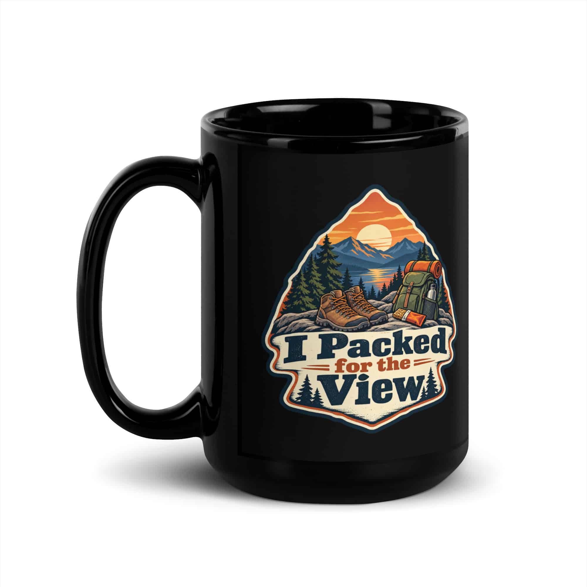 Nature and Adventure Black Coffee Mug: I Packed for the View, Scenic Shield Badge