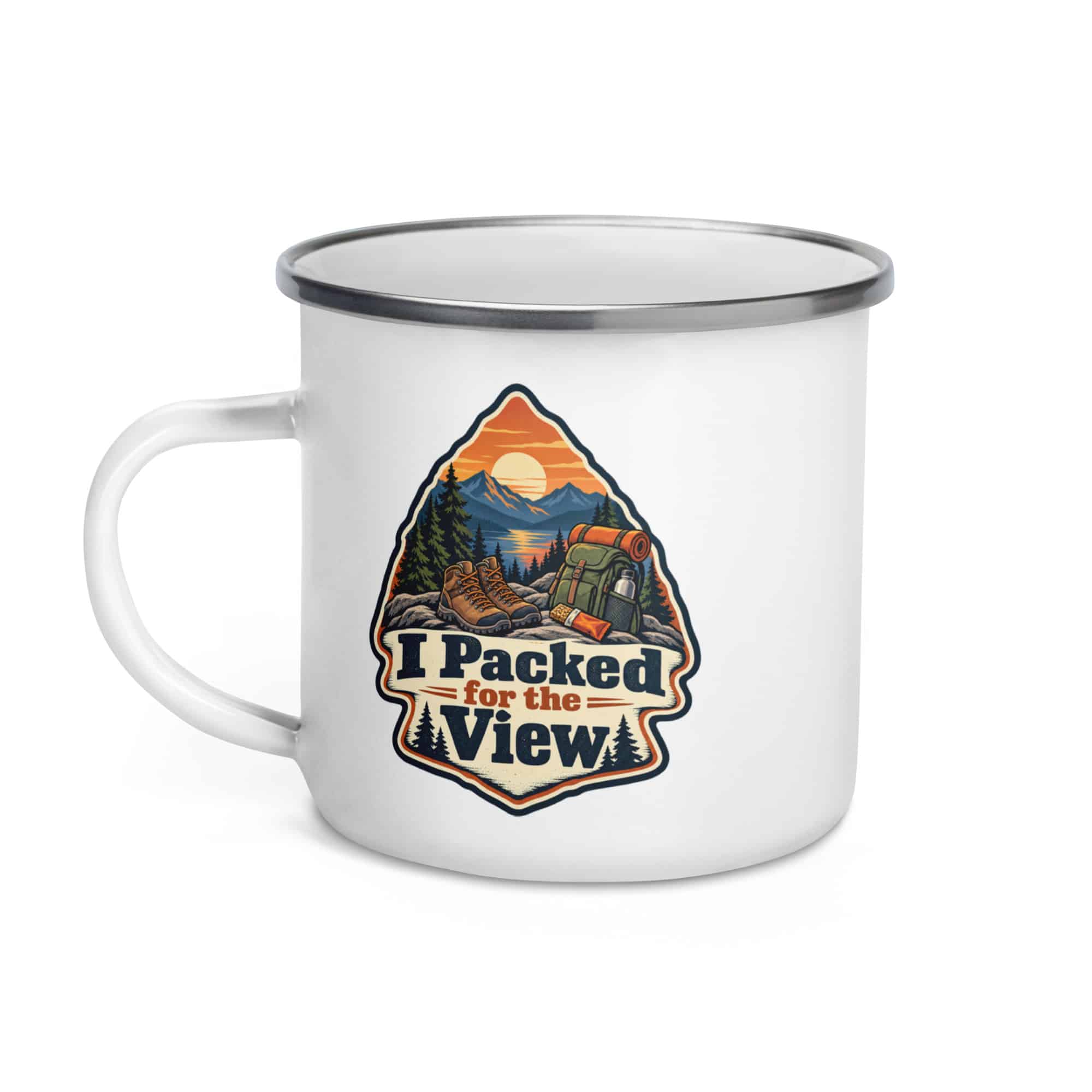 Nature and Adventure Enamel Camp Mug: I Packed for the View, Scenic Shield Badge