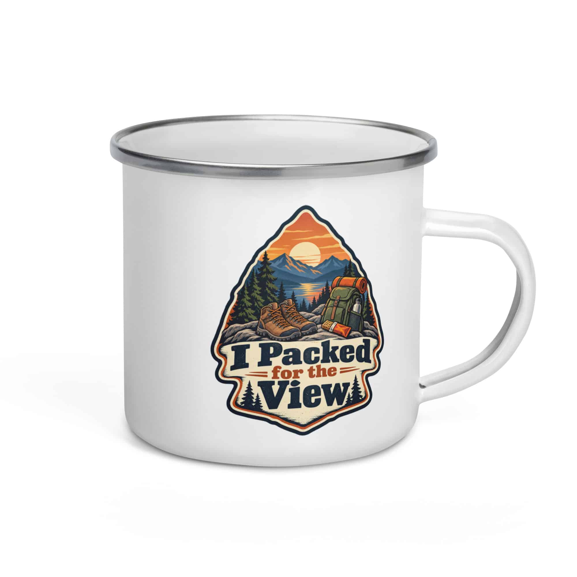 Nature and Adventure Enamel Camp Mug: I Packed for the View, Scenic Shield Badge