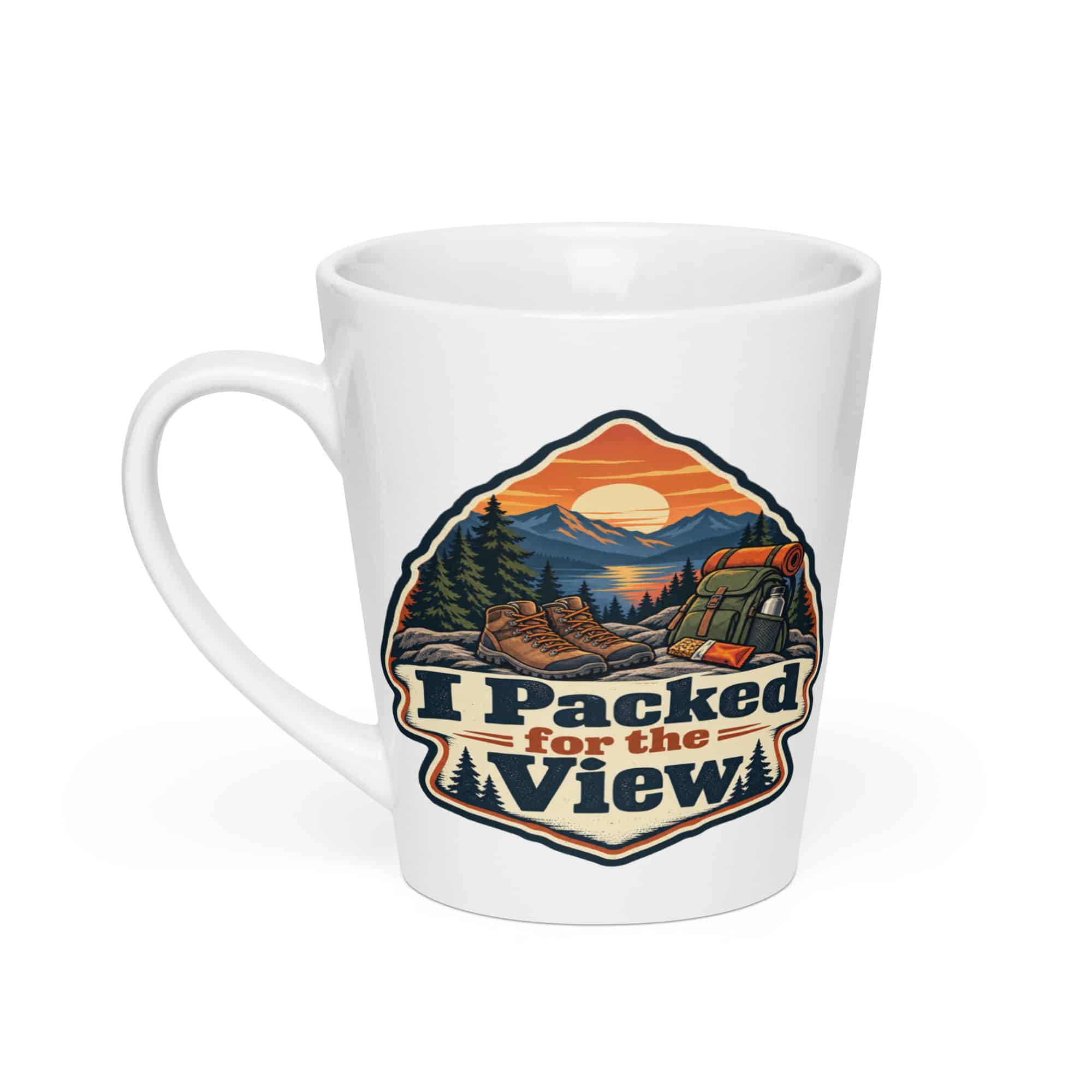 Nature and Adventure Latte Mug: I Packed for the View, Scenic Shield Badge