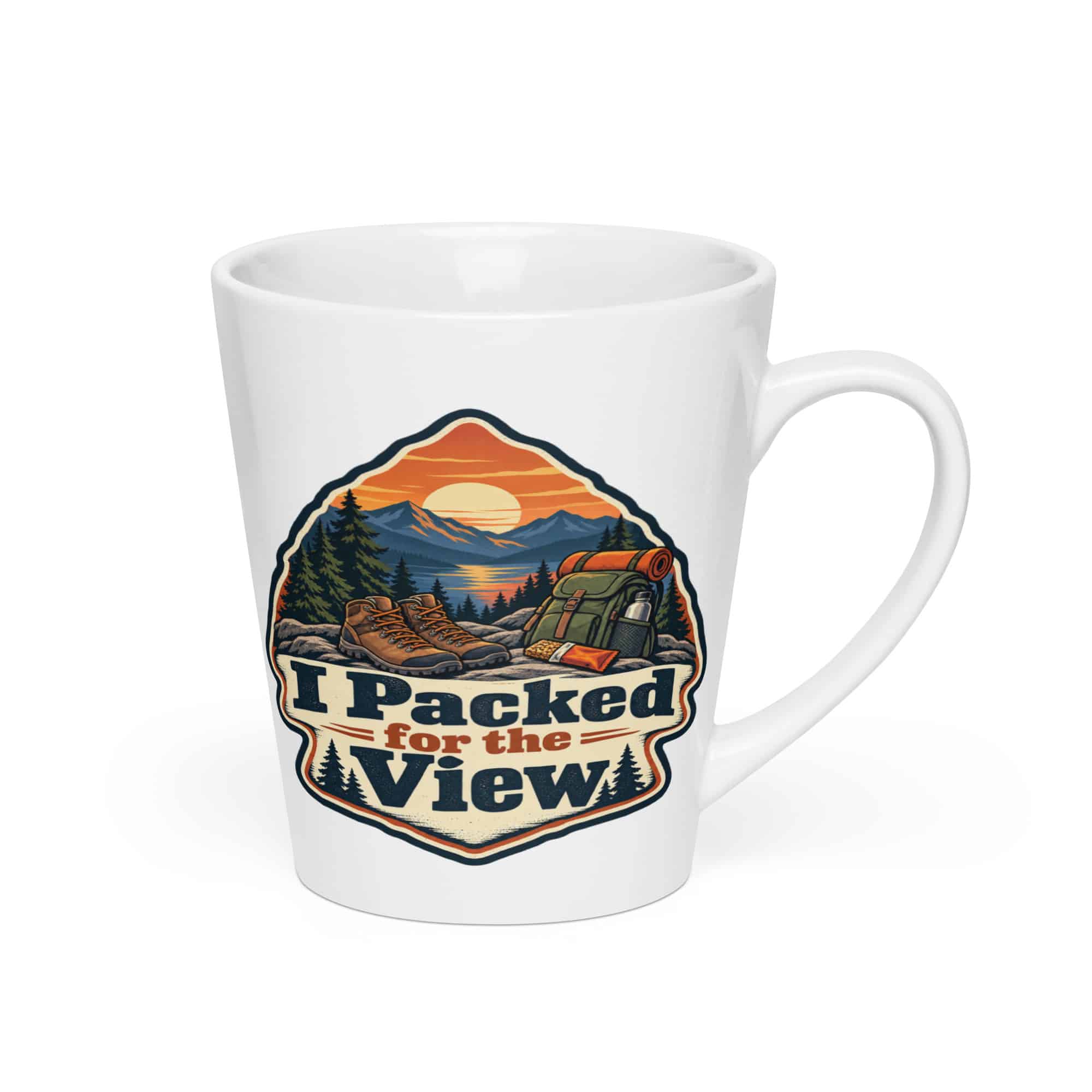 Nature and Adventure Latte Mug: I Packed for the View, Scenic Shield Badge
