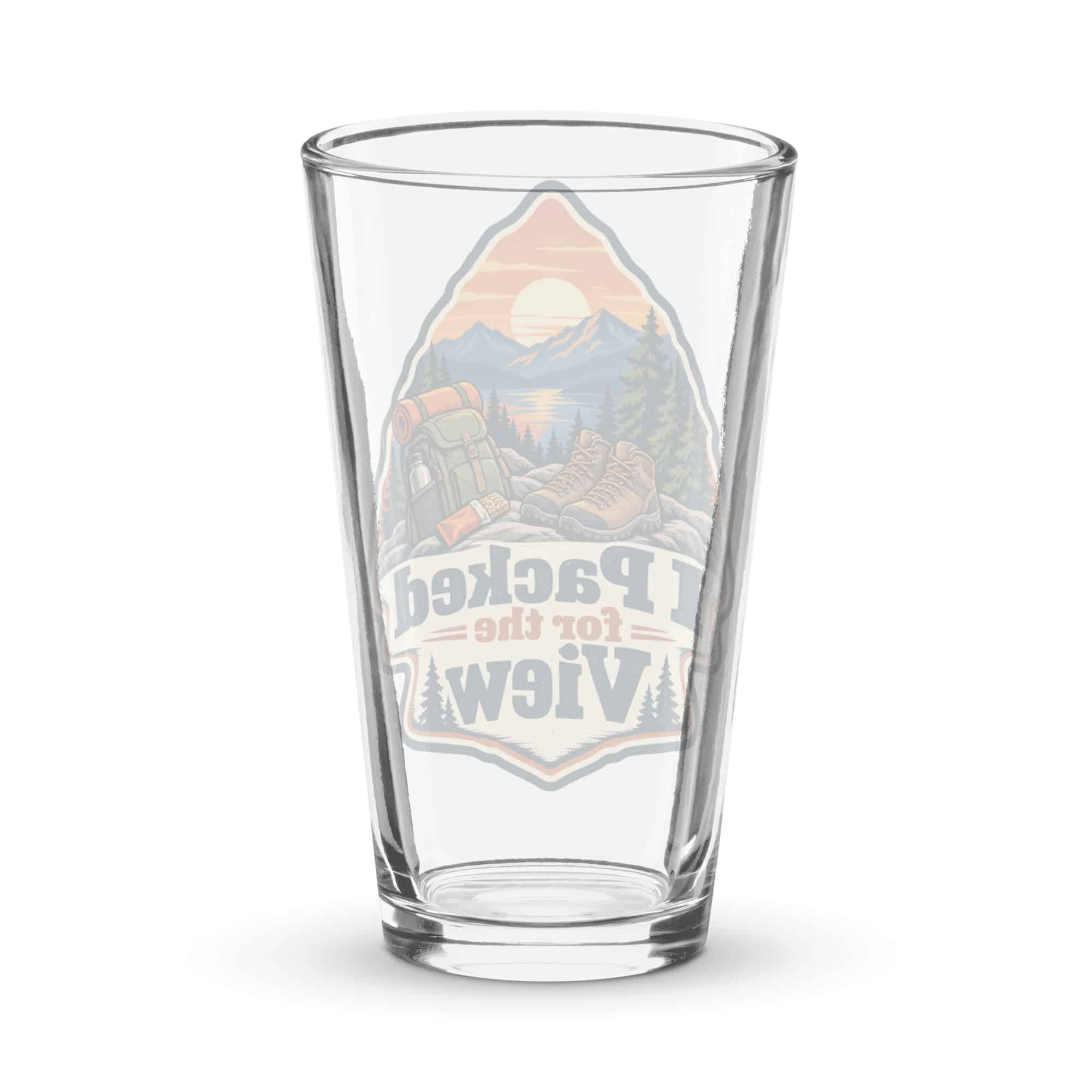 Nature and Adventure Pint Glass: I Packed for the View, Scenic Shield Badge