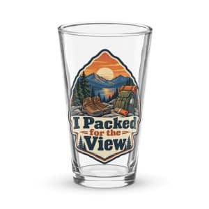 Nature and Adventure Pint Glass: I Packed for the View, Scenic Shield Badge - 16 oz - Main
