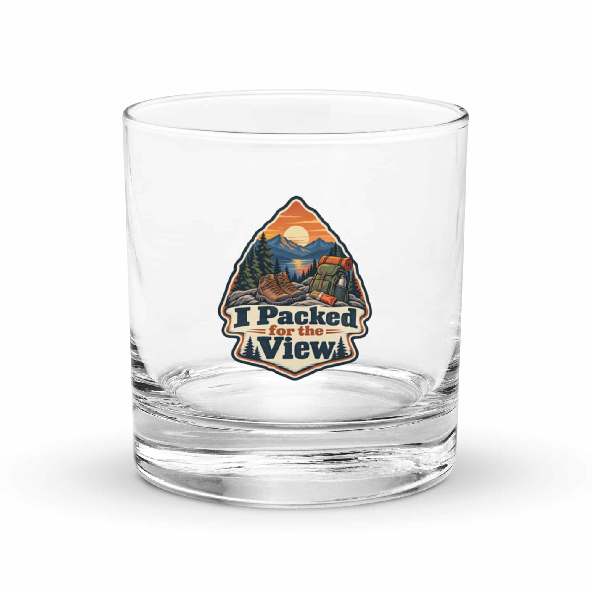 Nature and Adventure Rocks Glass: I Packed for the View, Scenic Shield Badge