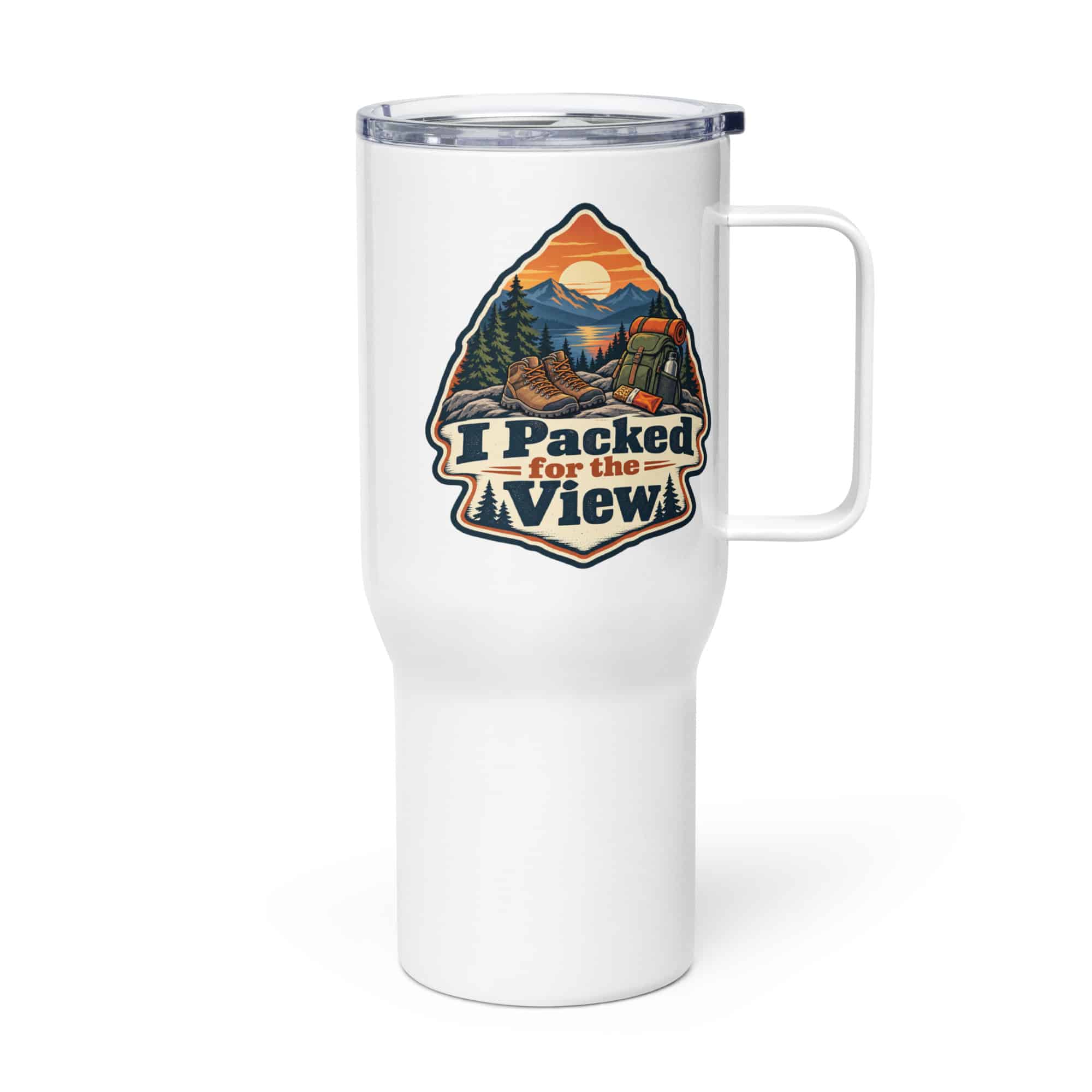 Nature and Adventure Travel Mug: I Packed for the View, Scenic Shield Badge