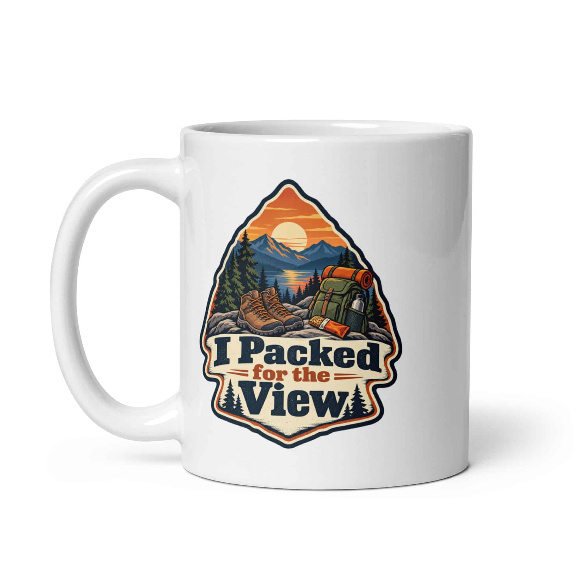 Nature and Adventure White Ceramic Coffee Mug: I Packed for the View, Scenic Shield Badge