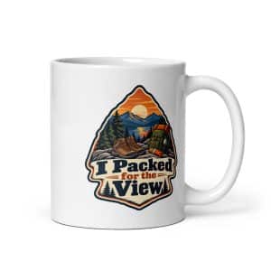 Nature and Adventure White Ceramic Coffee Mug: I Packed for the View, Scenic Shield Badge - 11 oz - Main