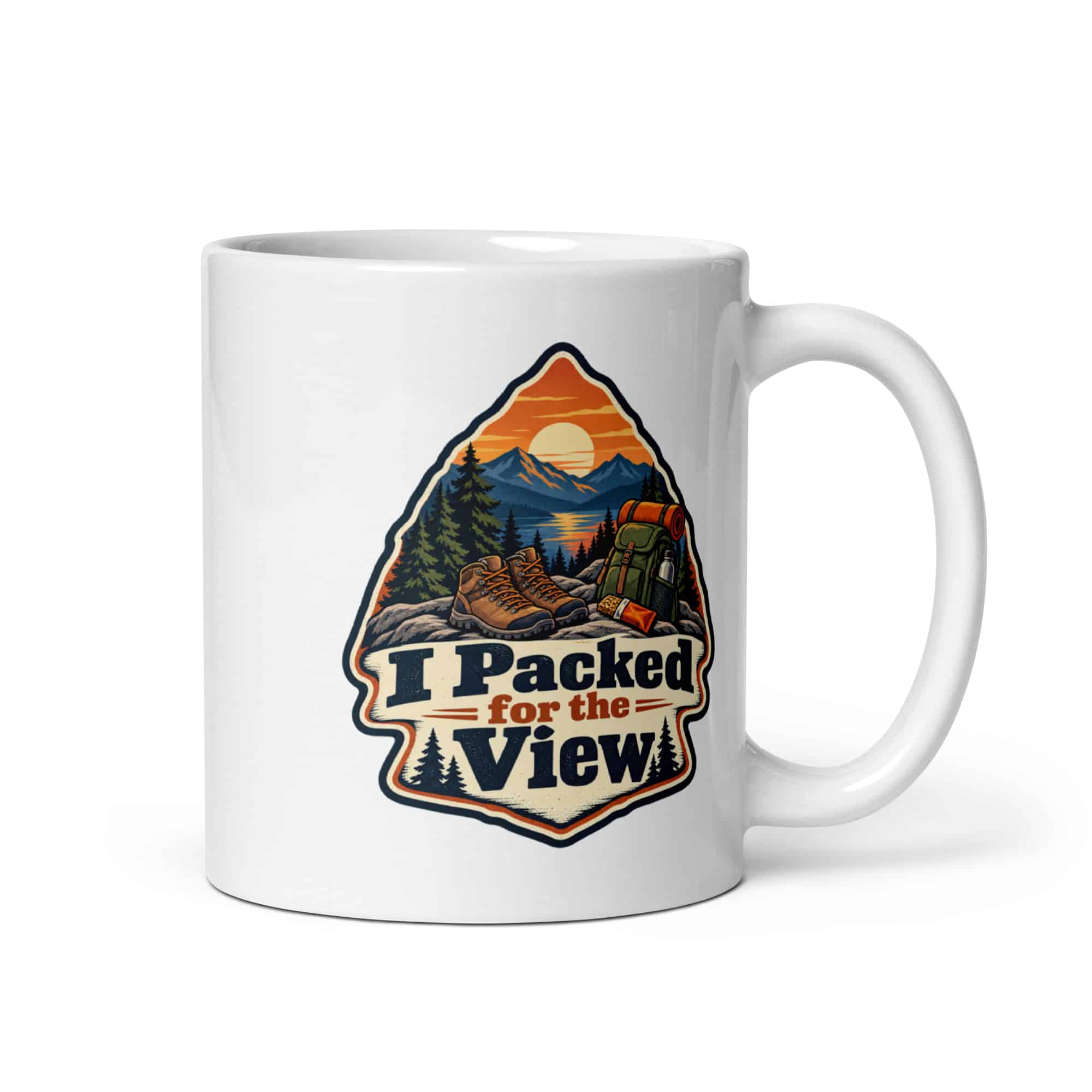 Nature and Adventure White Ceramic Coffee Mug: I Packed for the View, Scenic Shield Badge