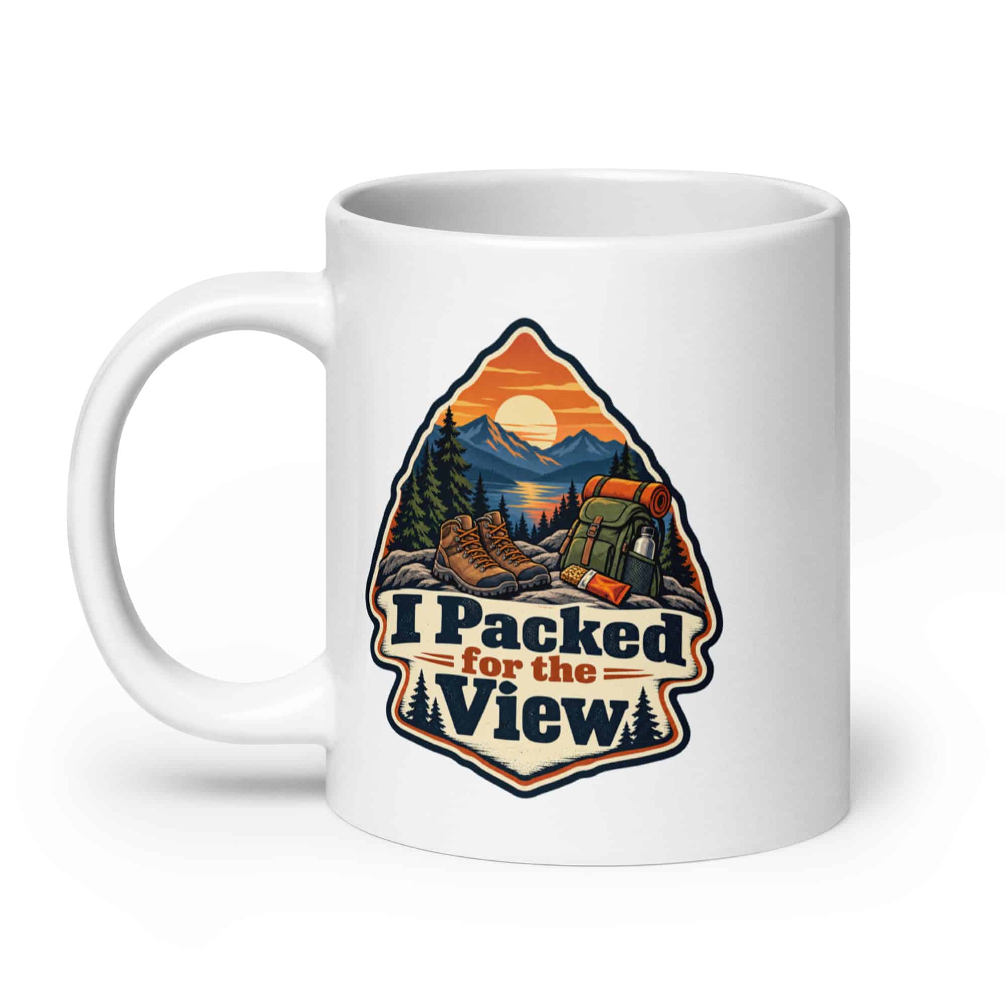 Nature and Adventure White Ceramic Coffee Mug: I Packed for the View, Scenic Shield Badge