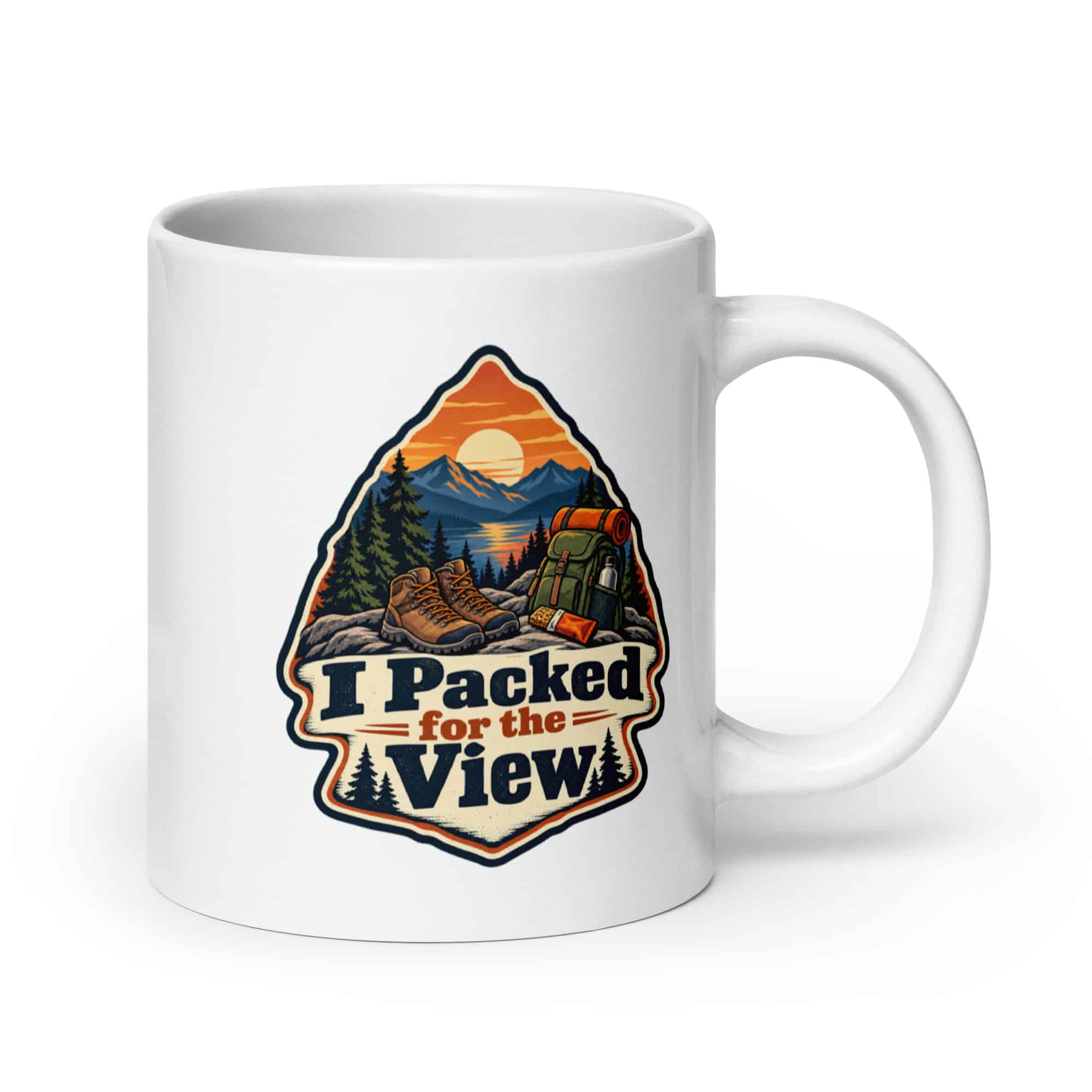 Nature and Adventure White Ceramic Coffee Mug: I Packed for the View, Scenic Shield Badge