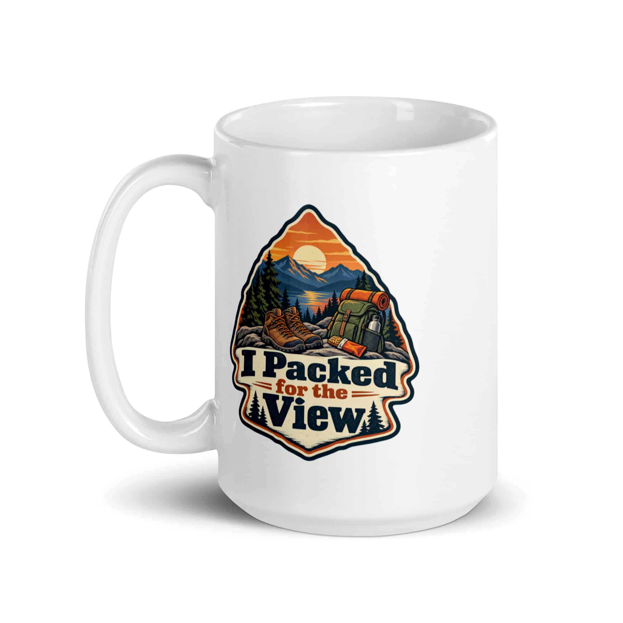 Nature and Adventure White Ceramic Coffee Mug: I Packed for the View, Scenic Shield Badge