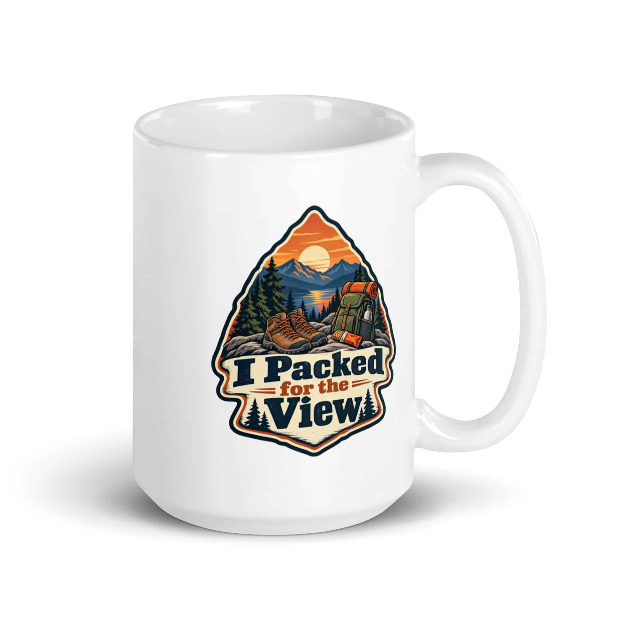 Nature and Adventure White Ceramic Coffee Mug: I Packed for the View, Scenic Shield Badge
