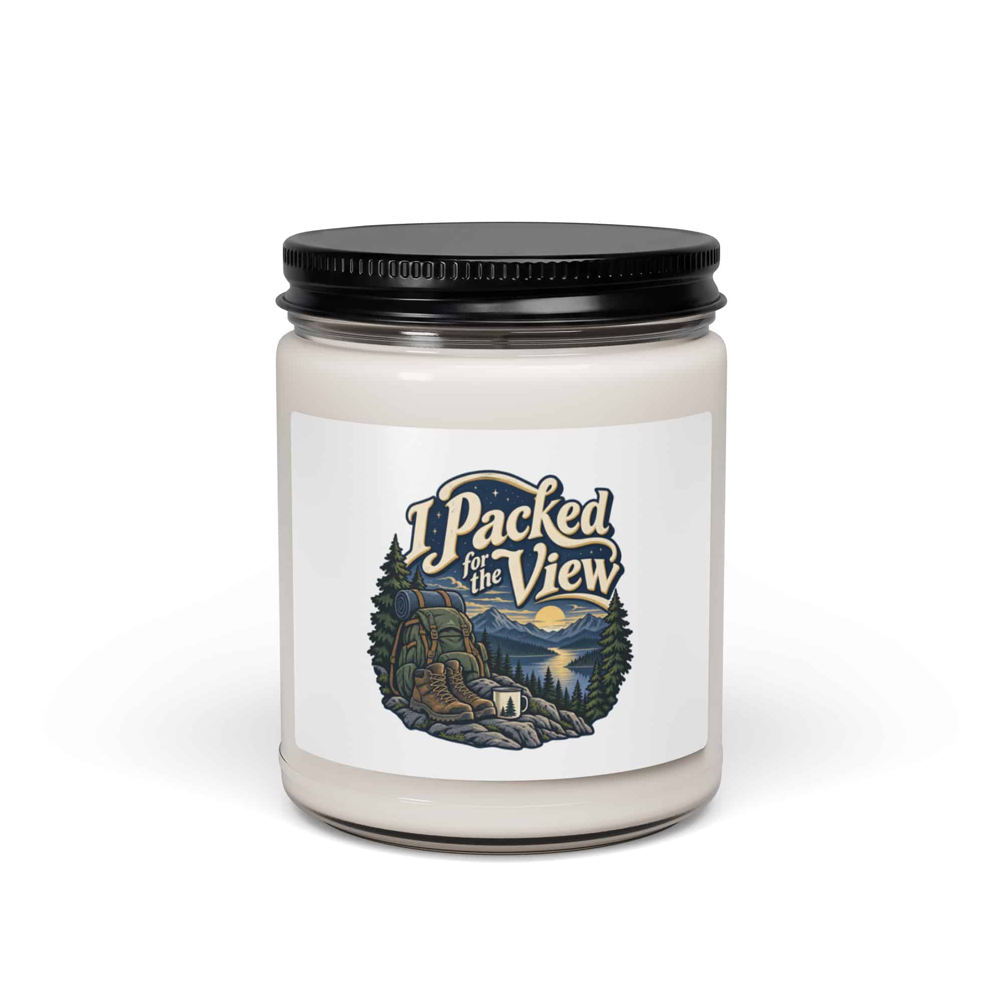 Nature and Adventure Soy Wax Candle: I Packed for the View, Woodland Scenic Lettering