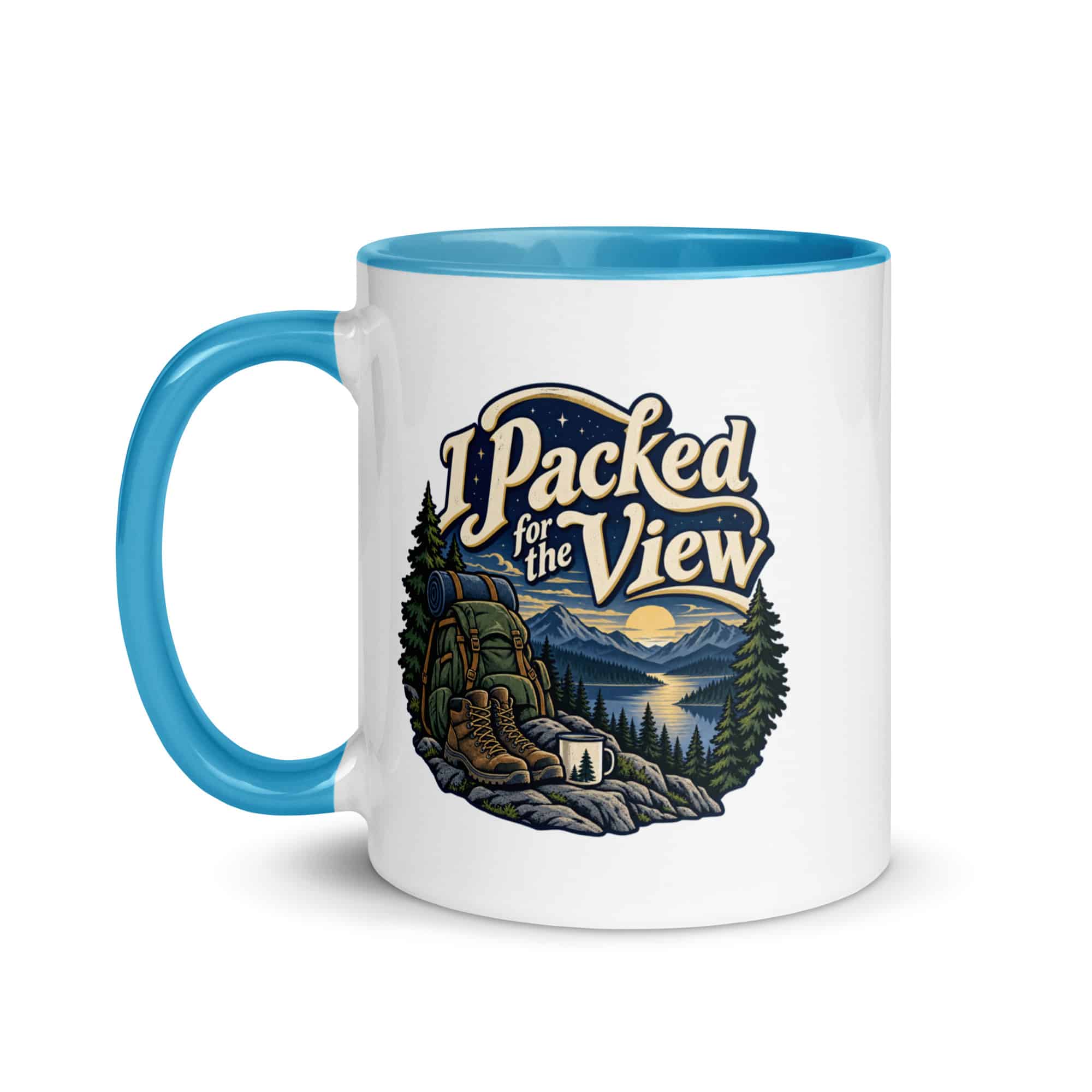 Nature and Adventure Color Inside Coffee Mug: I Packed for the View, Woodland Scenic Lettering