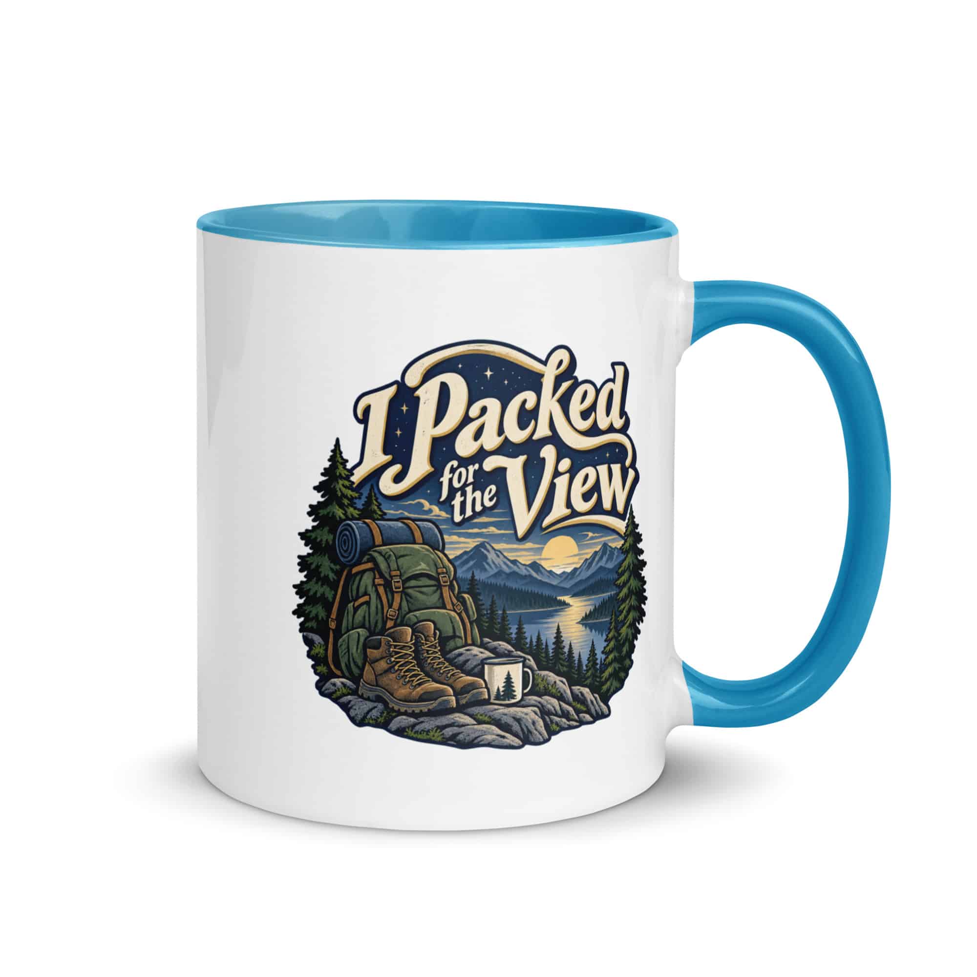 Nature and Adventure Color Inside Coffee Mug: I Packed for the View, Woodland Scenic Lettering